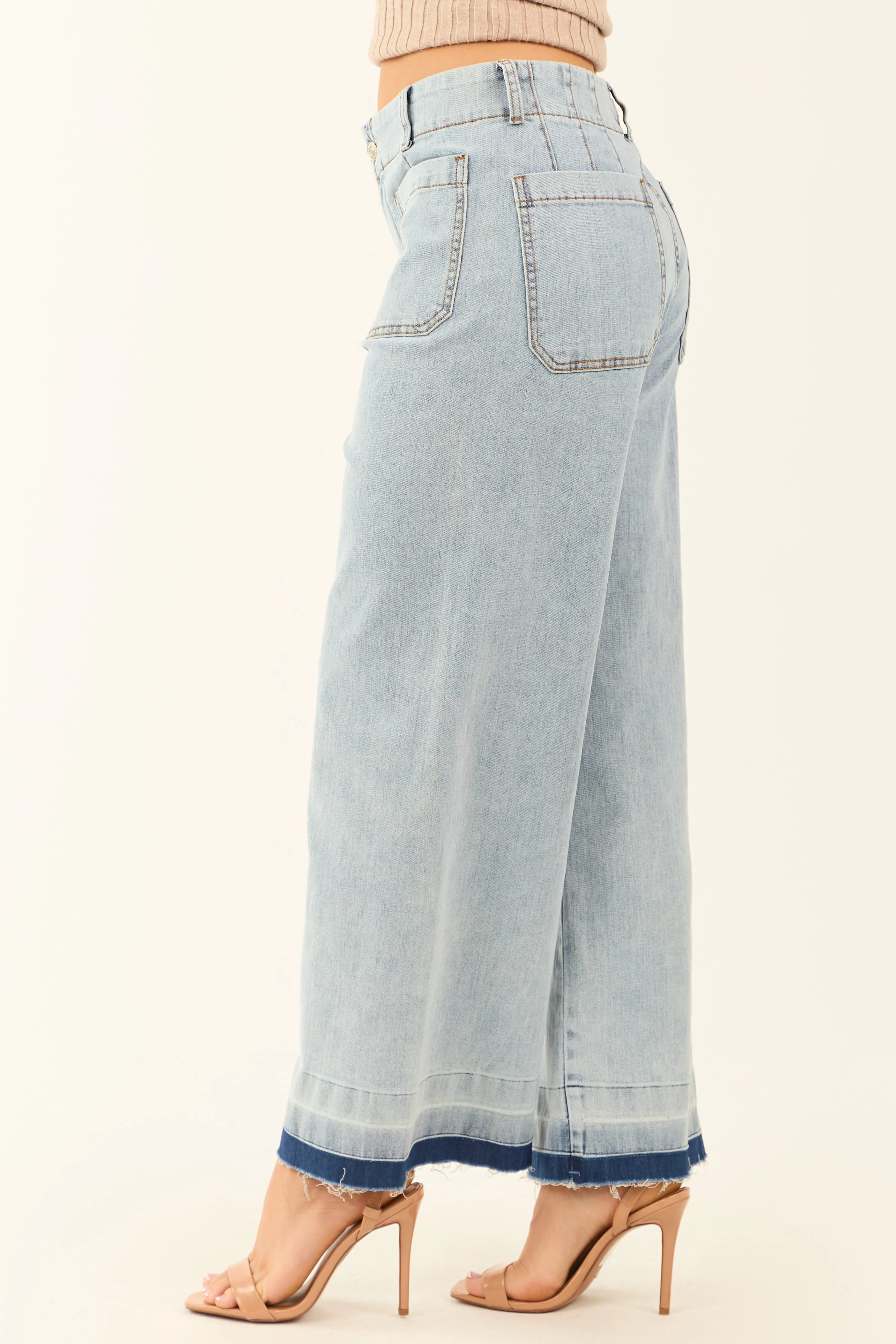 Light Mineral Wash Denim Ombre Hem Patch Pocket Jeans sold by Lime Lush product image thumbnail 3