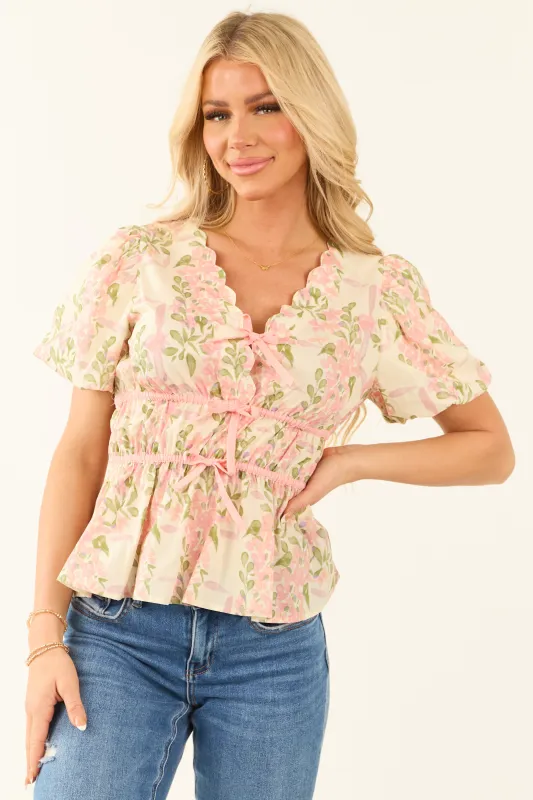 Light Coral Short Puff Sleeve Front Tie Blouse sold by Lime Lush