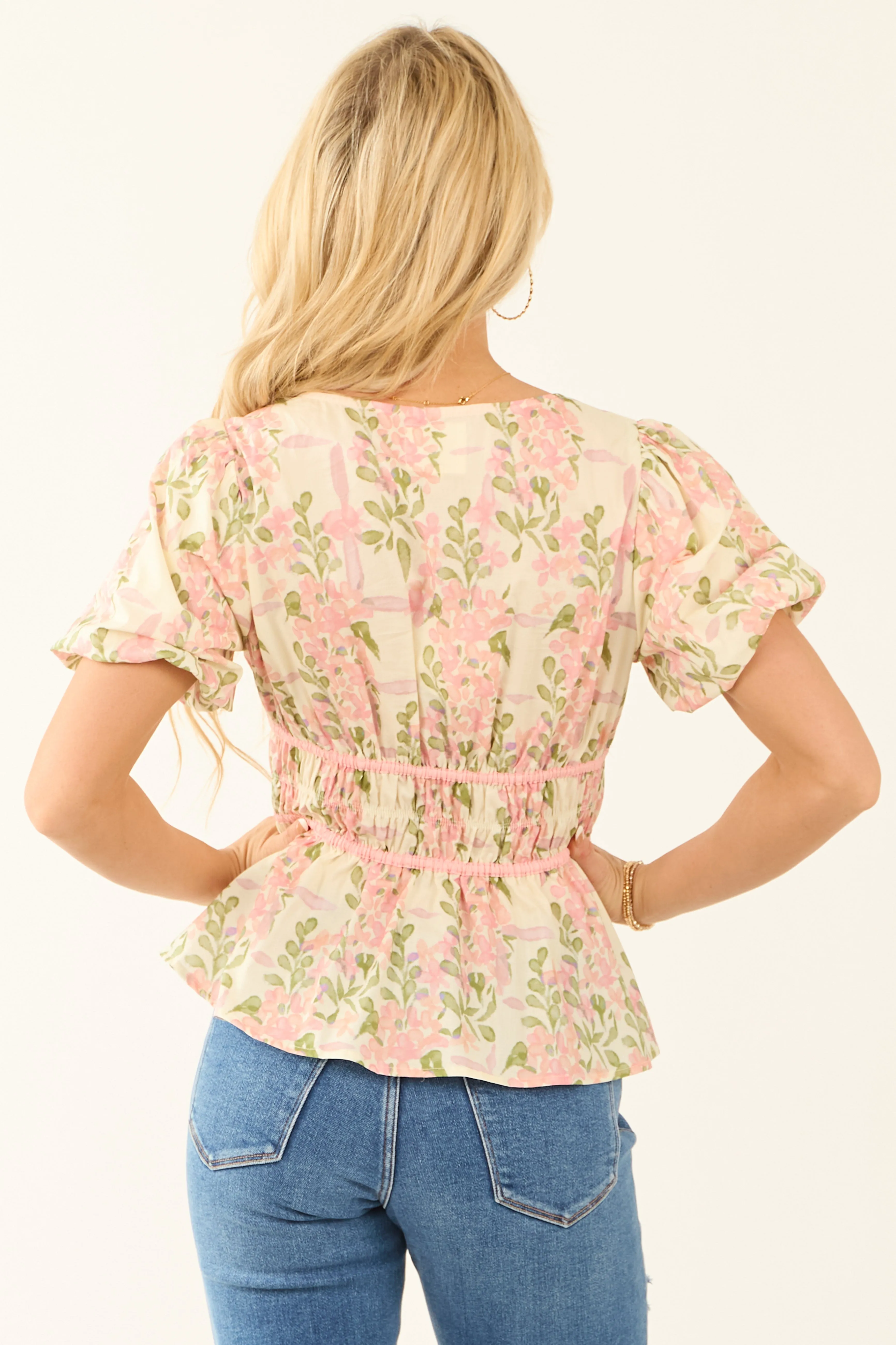 Light Coral Short Puff Sleeve Front Tie Blouse sold by Lime Lush product image thumbnail 5