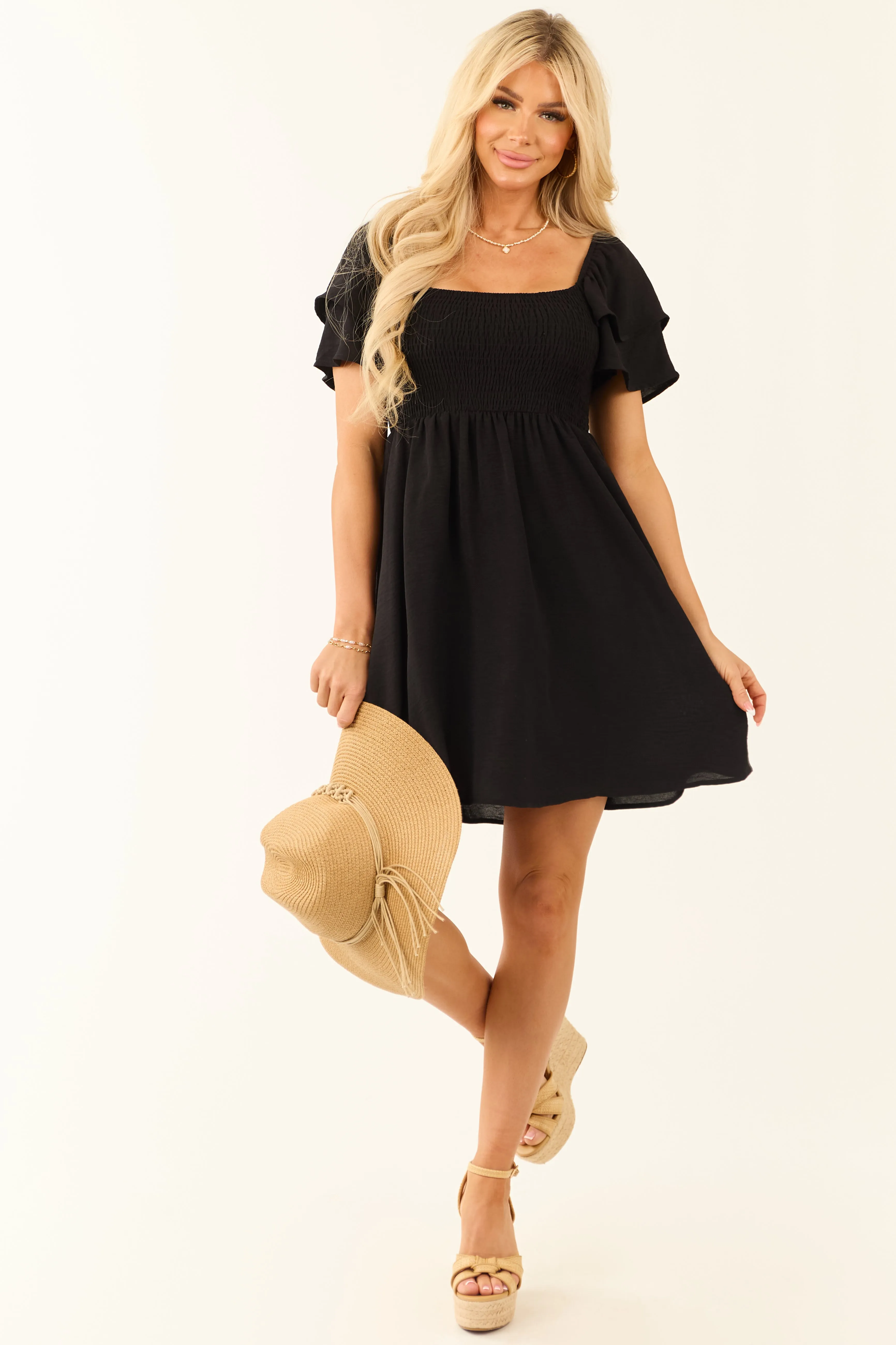 Black Short Ruffle Sleeve Smocked Mini Dress sold by Lime Lush product image thumbnail 3