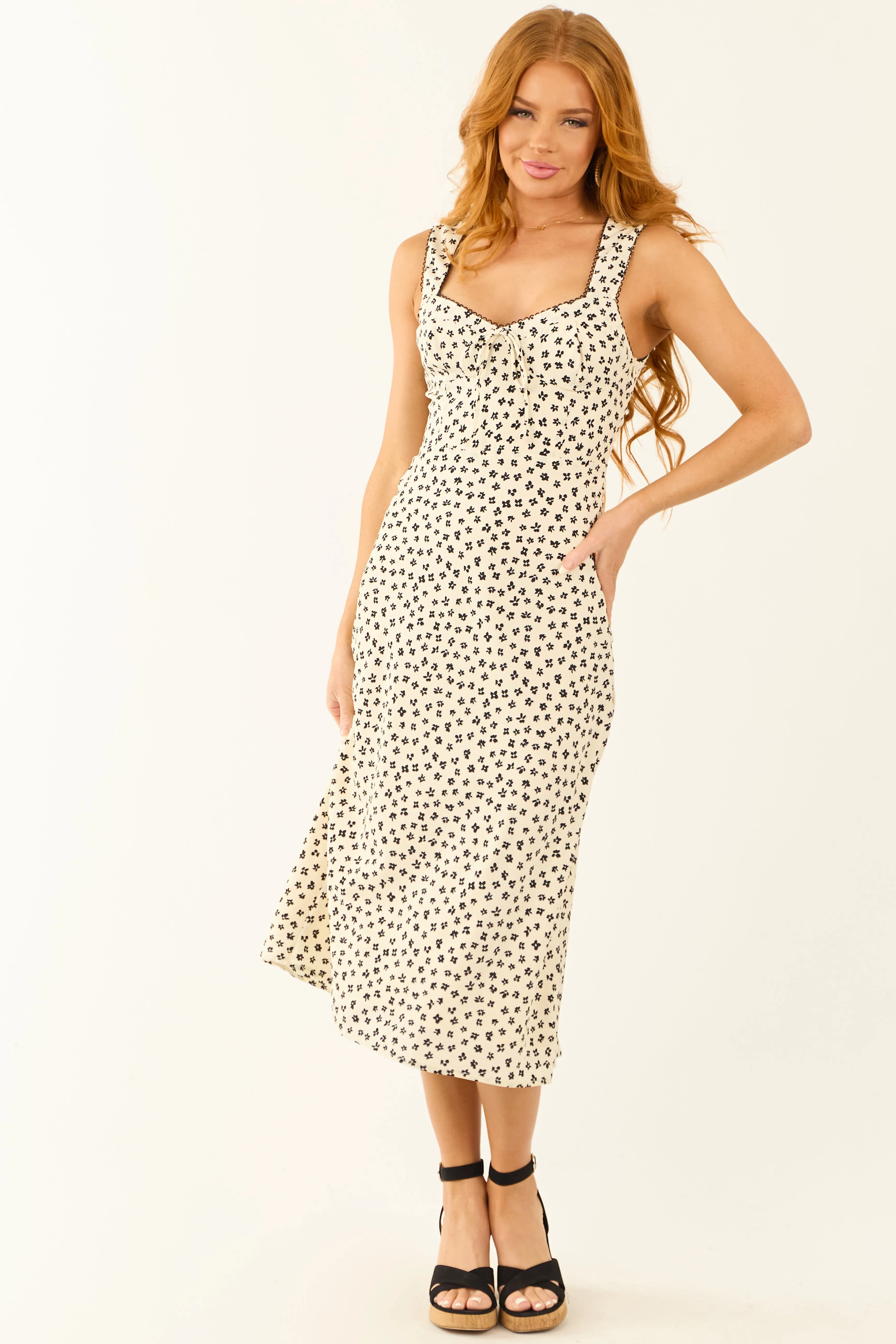 Cream Floral Print Bustier Top Sleeveless Midi Dress sold by Lime Lush product image thumbnail 2