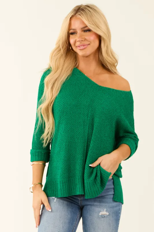 Bright Jade Boatneck 3/4 Sleeve Knit Sweater sold by Lime Lush