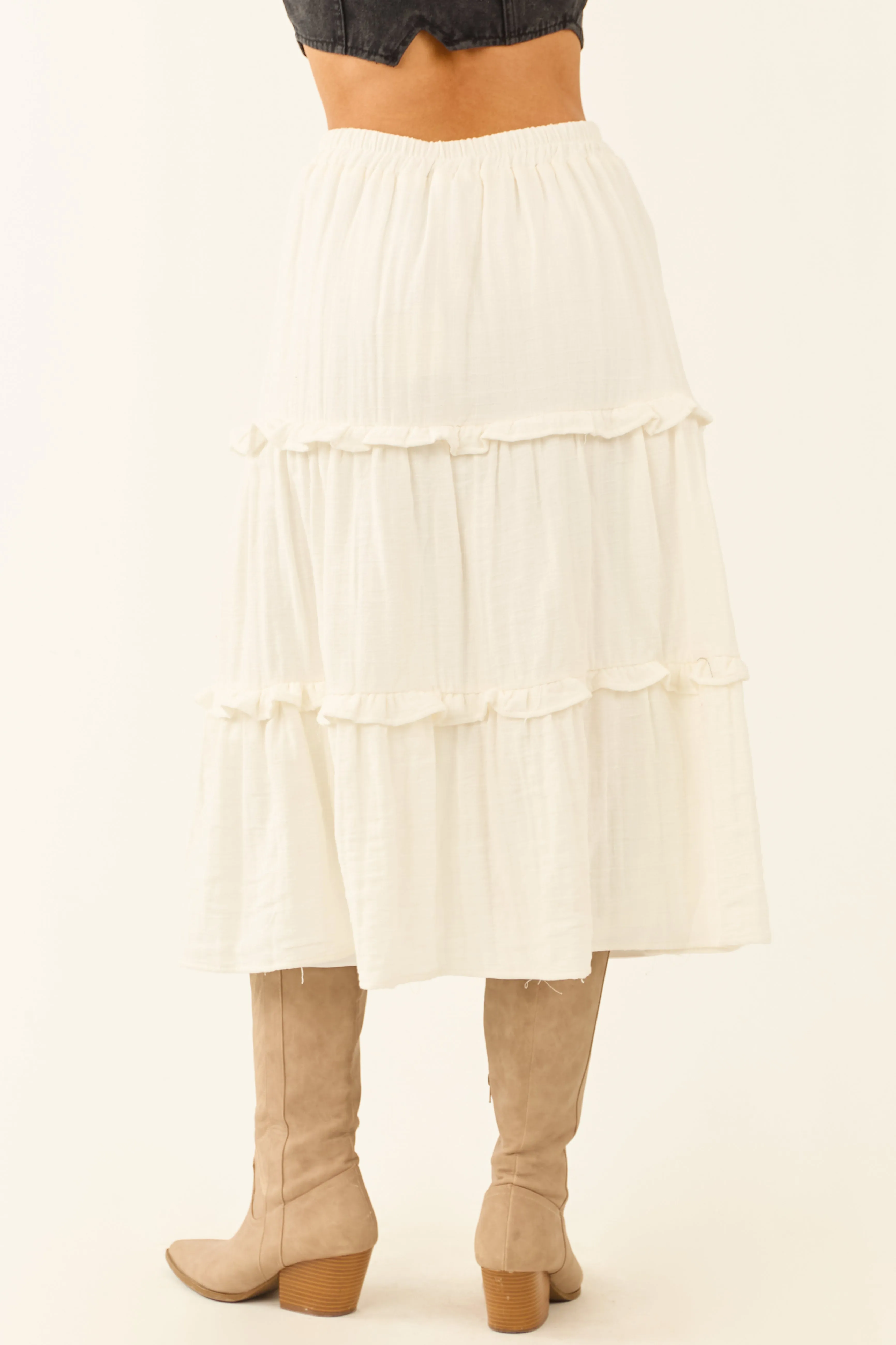 Ivory Tiered Frill Smocked Waist Midi Skirt sold by Lime Lush product image thumbnail 4