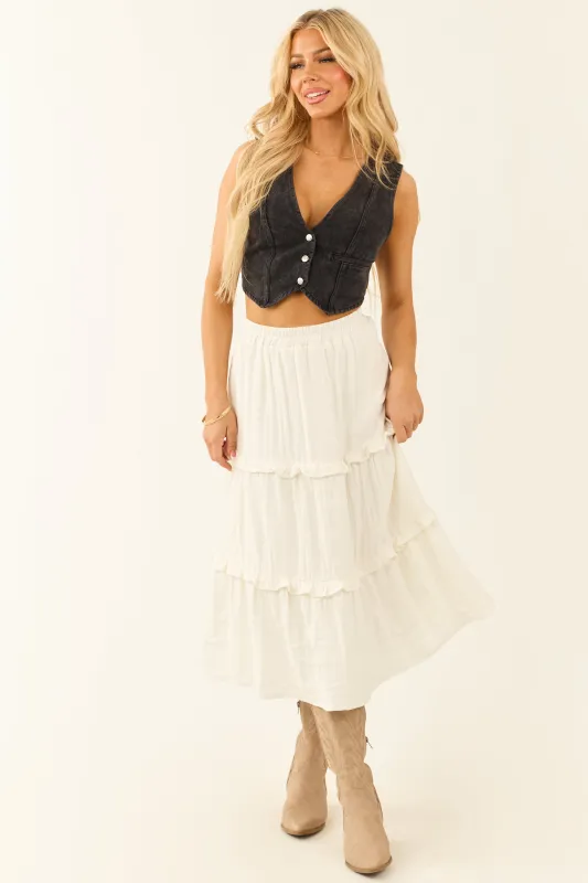 Ivory Tiered Frill Smocked Waist Midi Skirt sold by Lime Lush