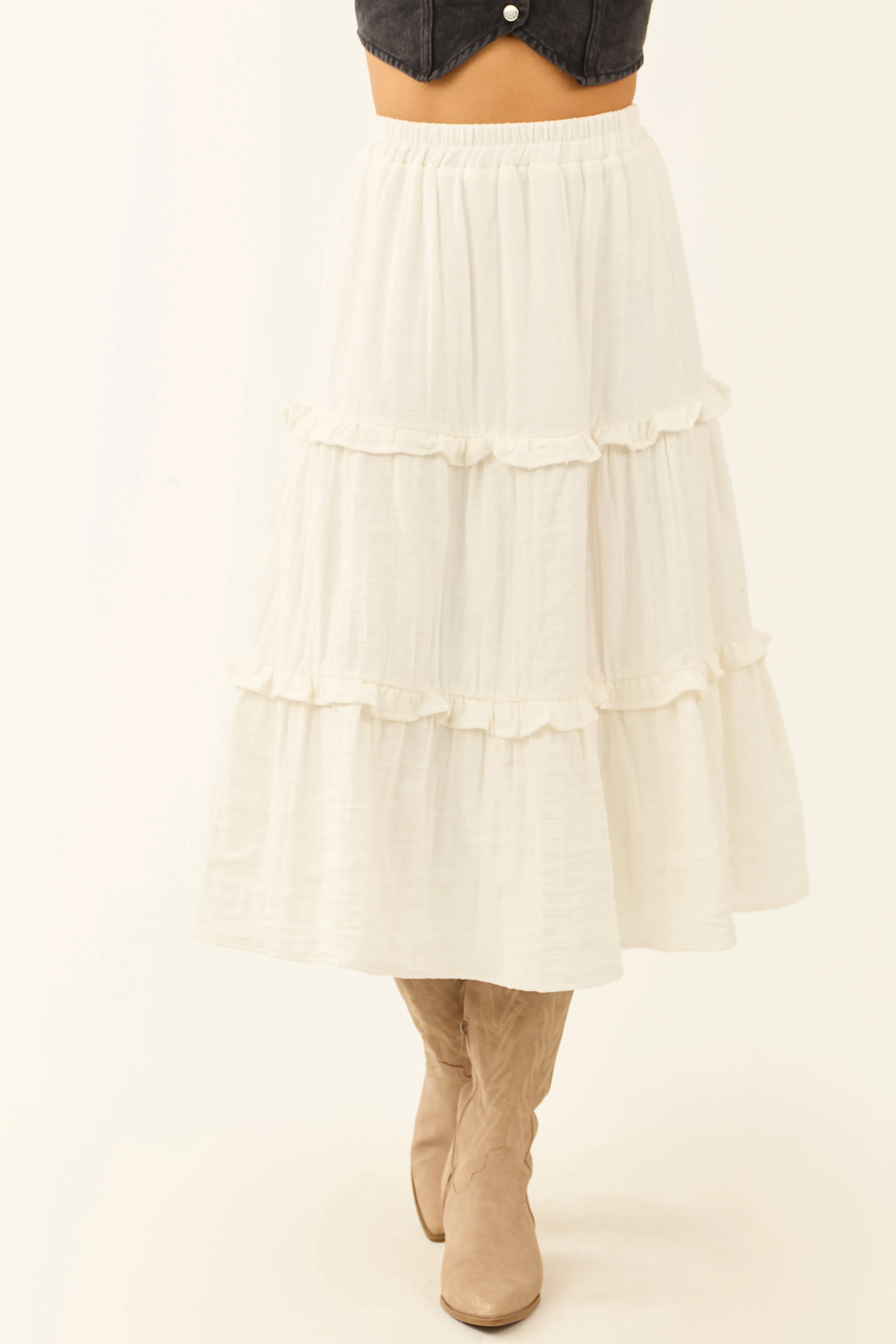 Ivory Tiered Frill Smocked Waist Midi Skirt sold by Lime Lush product image thumbnail 2