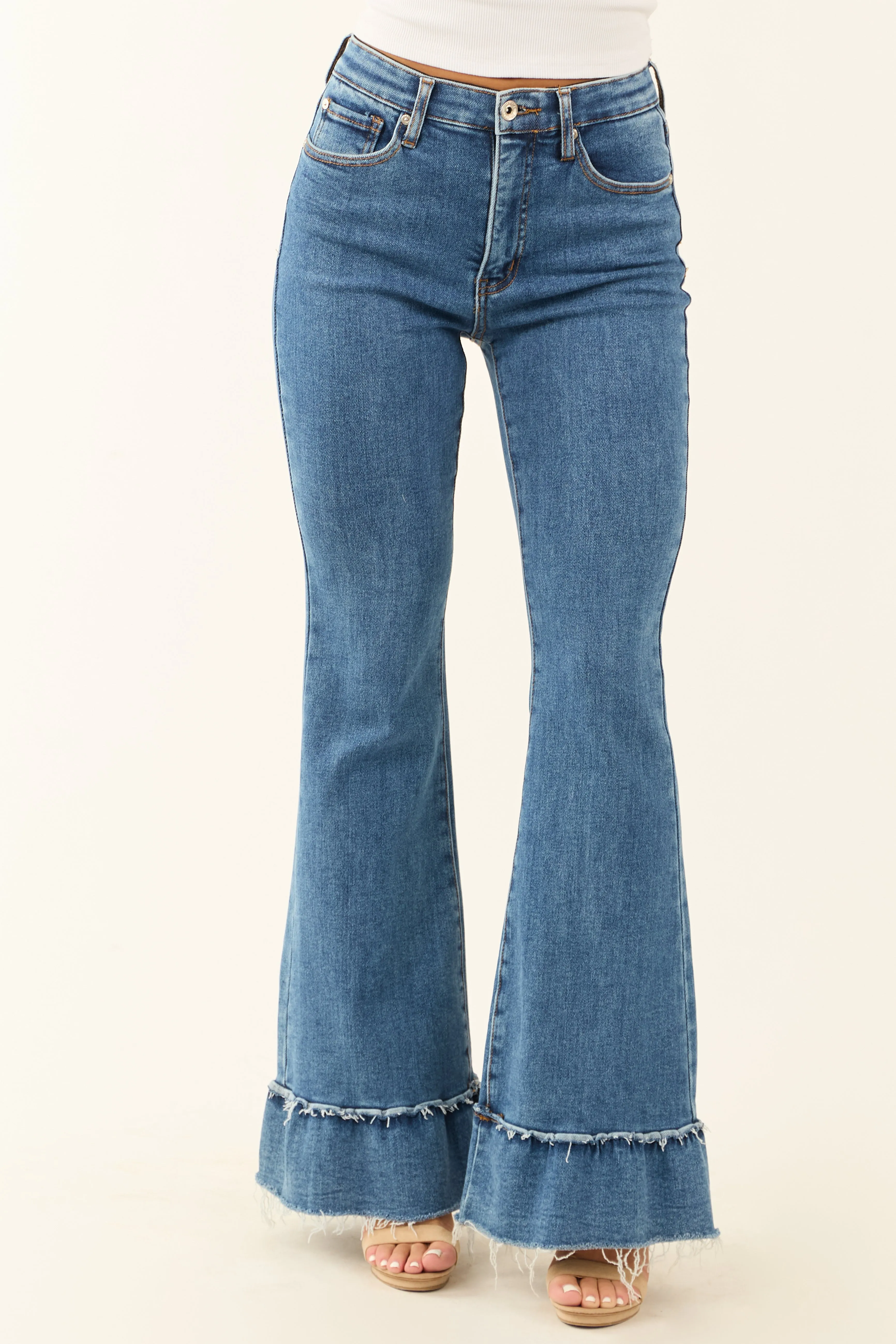 Special A Tummy Control Ruffle Flare Stretchy Jeans sold by Lime Lush