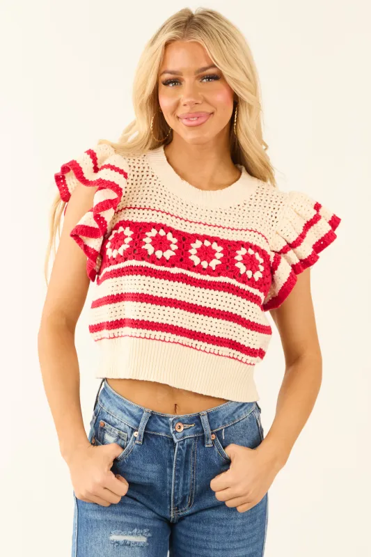 Lipstick Ruffle Short Sleeve Crochet Knit Sweater Top sold by Lime Lush