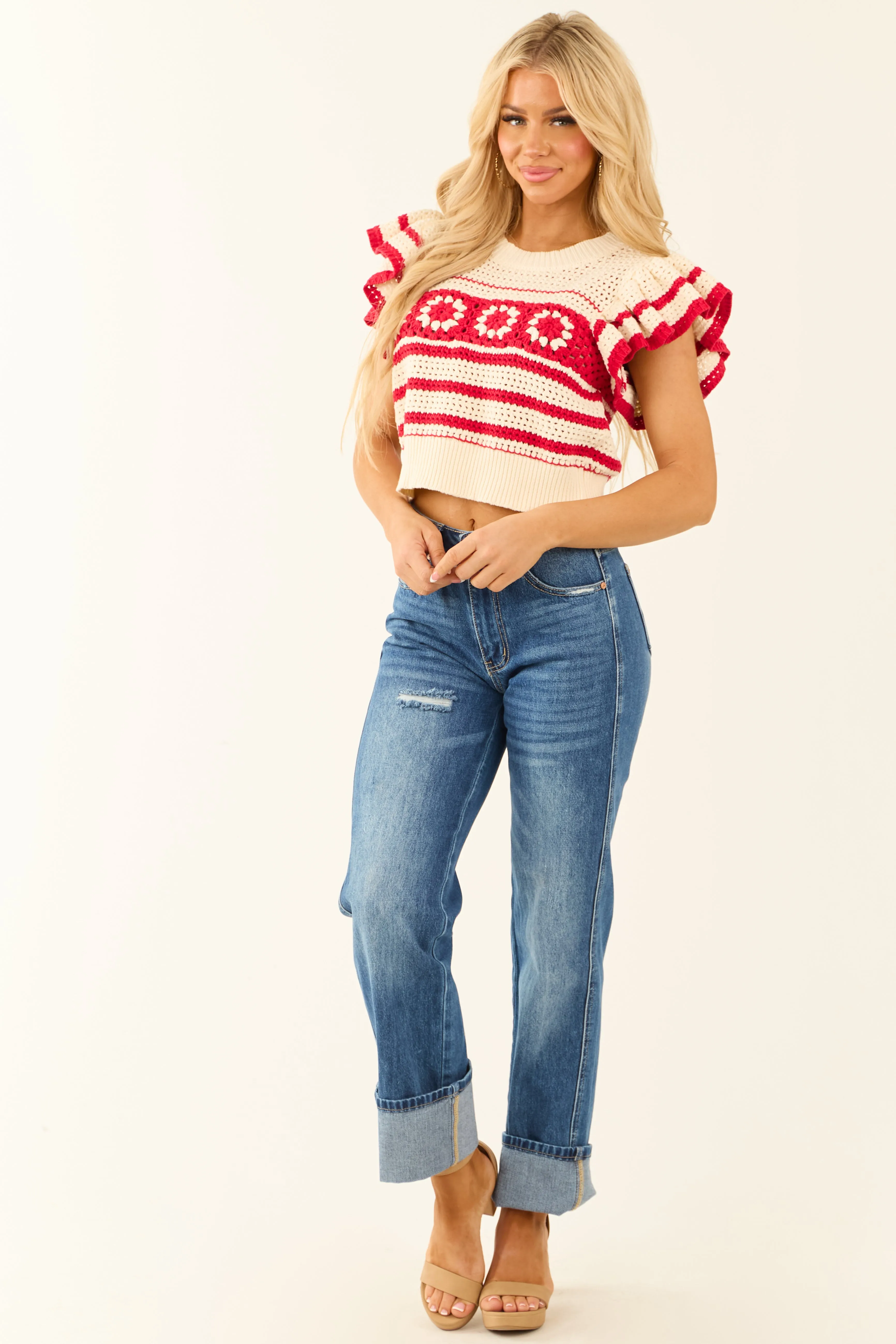 Lipstick Ruffle Short Sleeve Crochet Knit Sweater Top sold by Lime Lush product image thumbnail 3