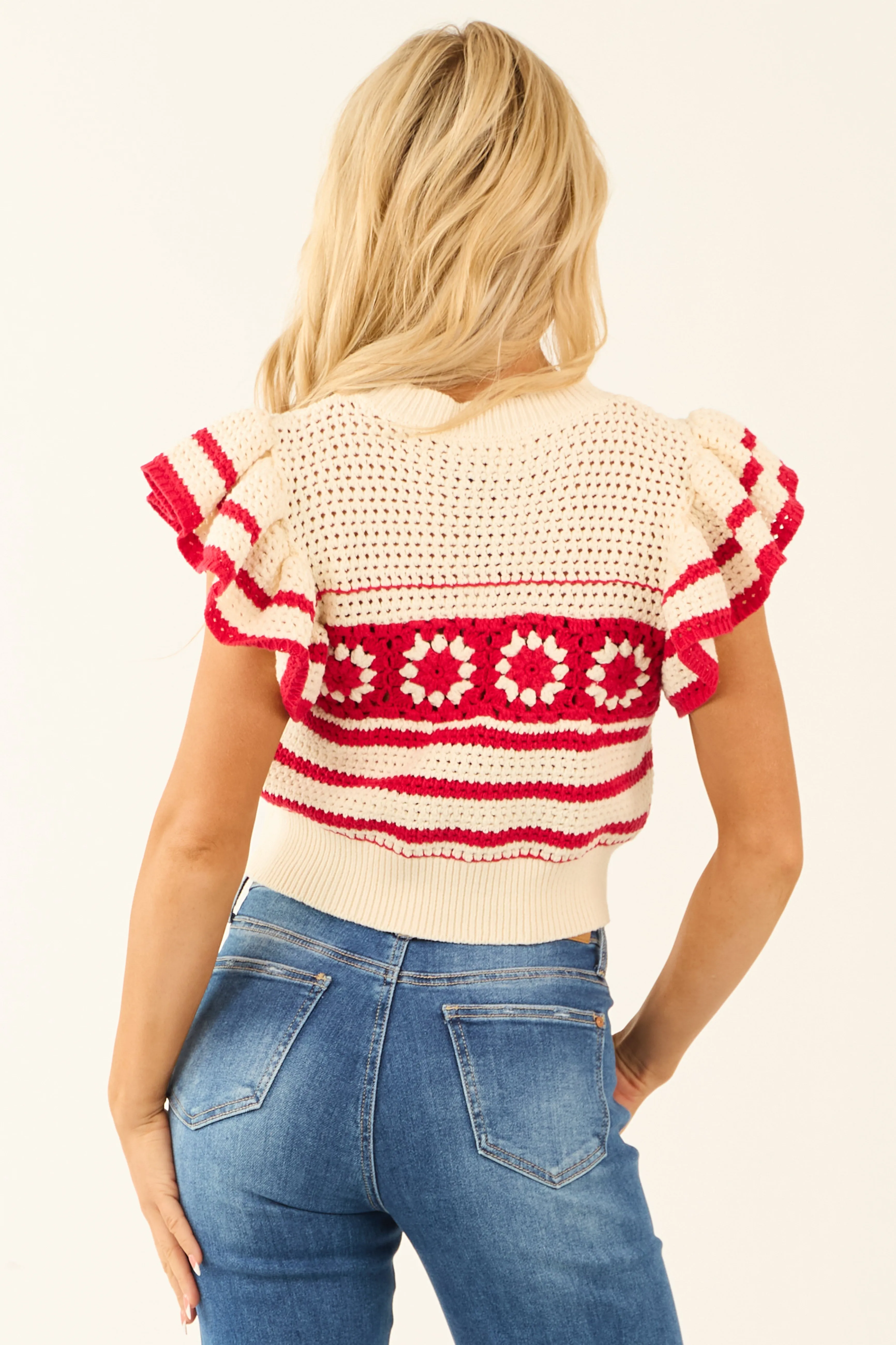 Lipstick Ruffle Short Sleeve Crochet Knit Sweater Top sold by Lime Lush product image thumbnail 5