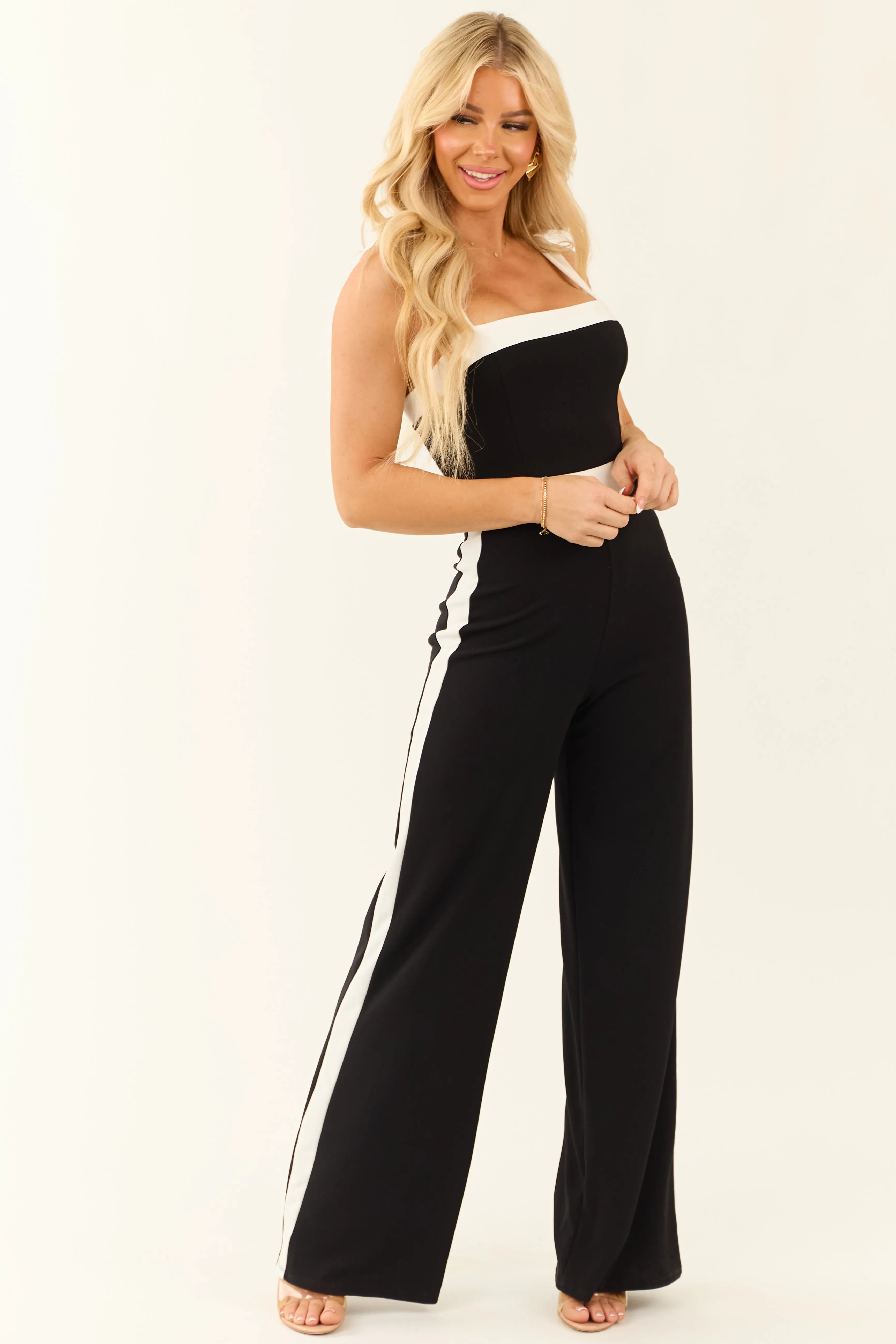 Black Sleeveless Contrast Trim Wide Leg Jumpsuit sold by Lime Lush product image thumbnail 2