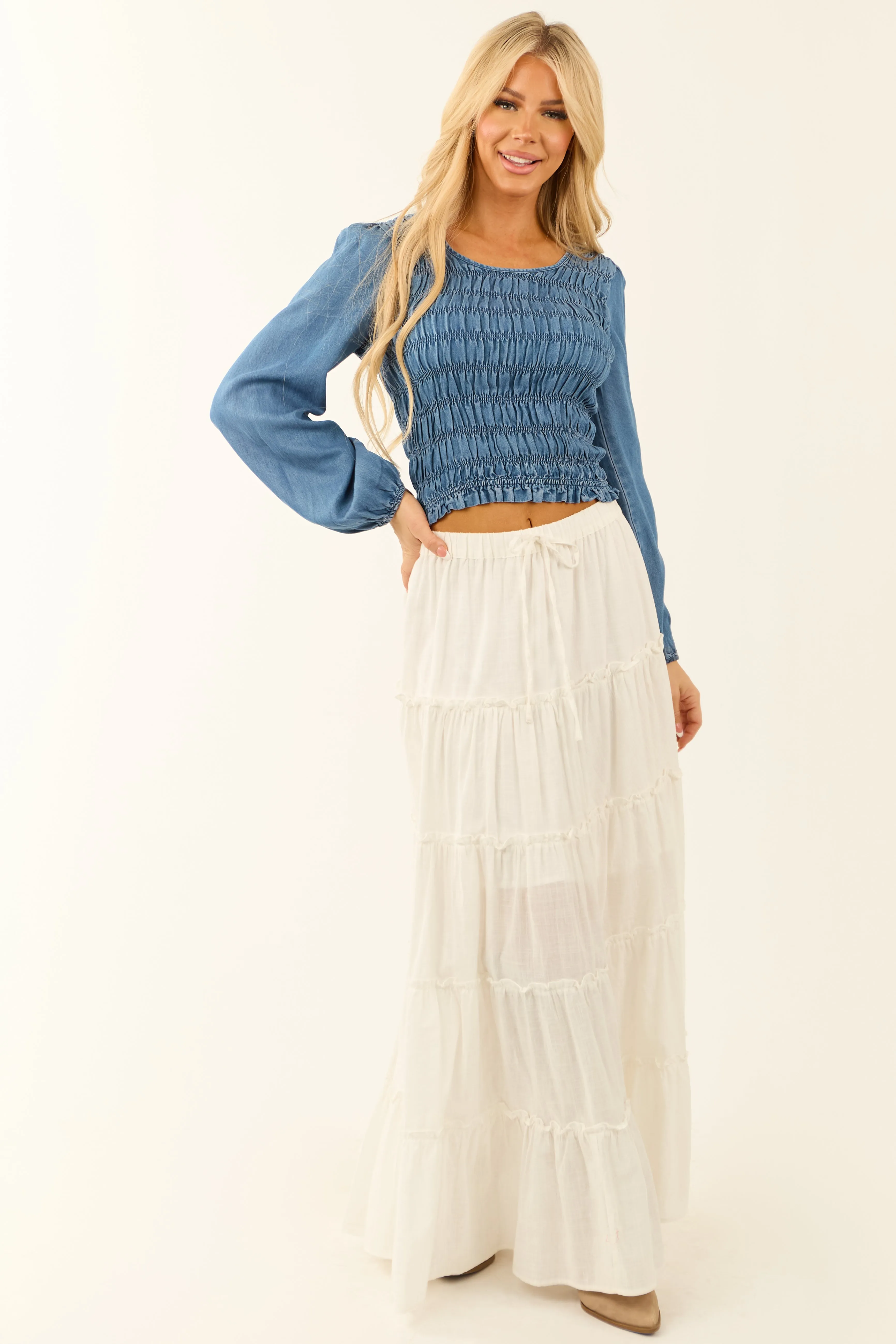 Medium Wash Denim Smocked Long Sleeve Blouse sold by Lime Lush product image thumbnail 2