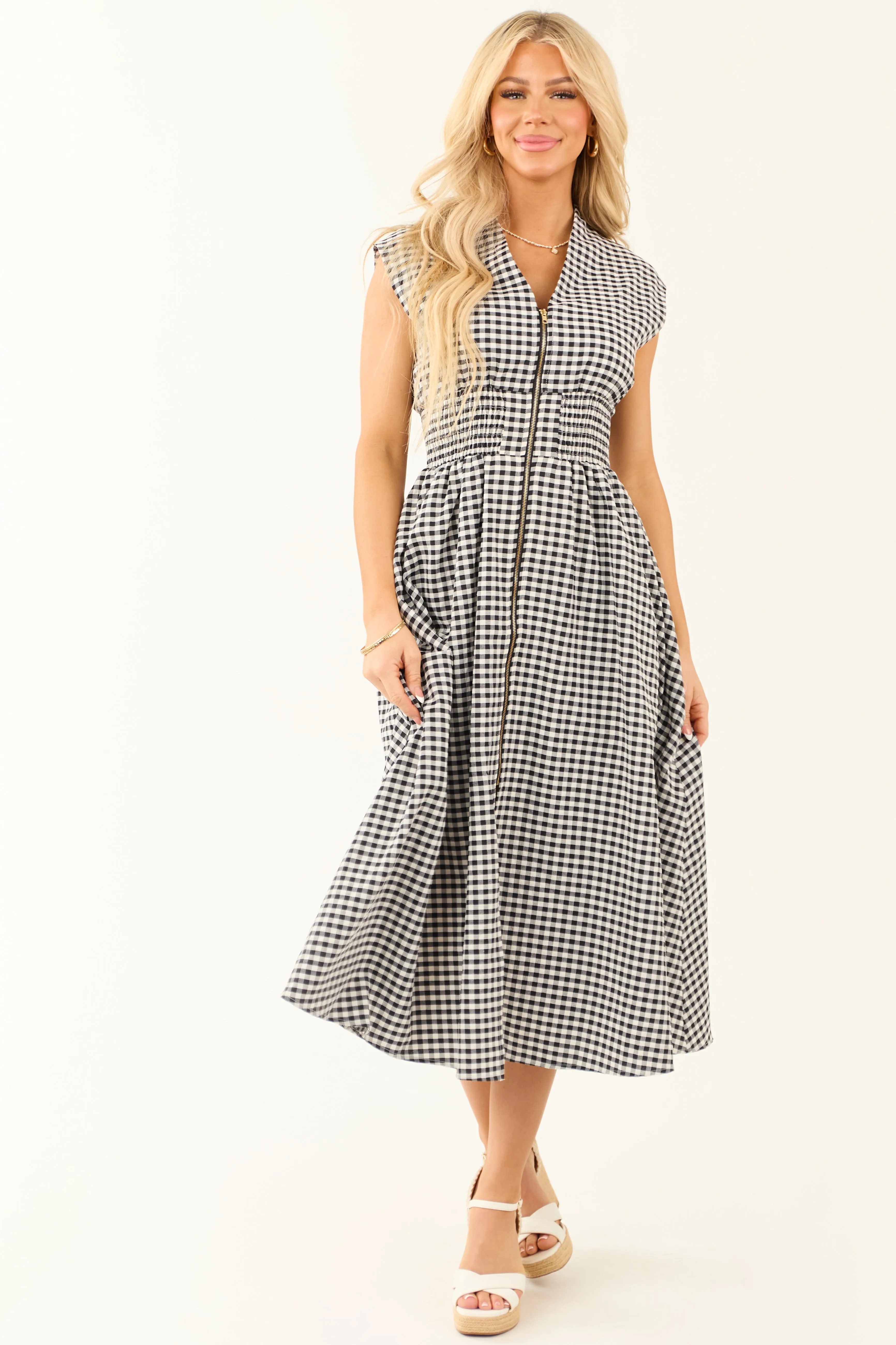 Black and White Gingham Zip Up Sleeveless Midi Dress sold by Lime Lush product image thumbnail 2
