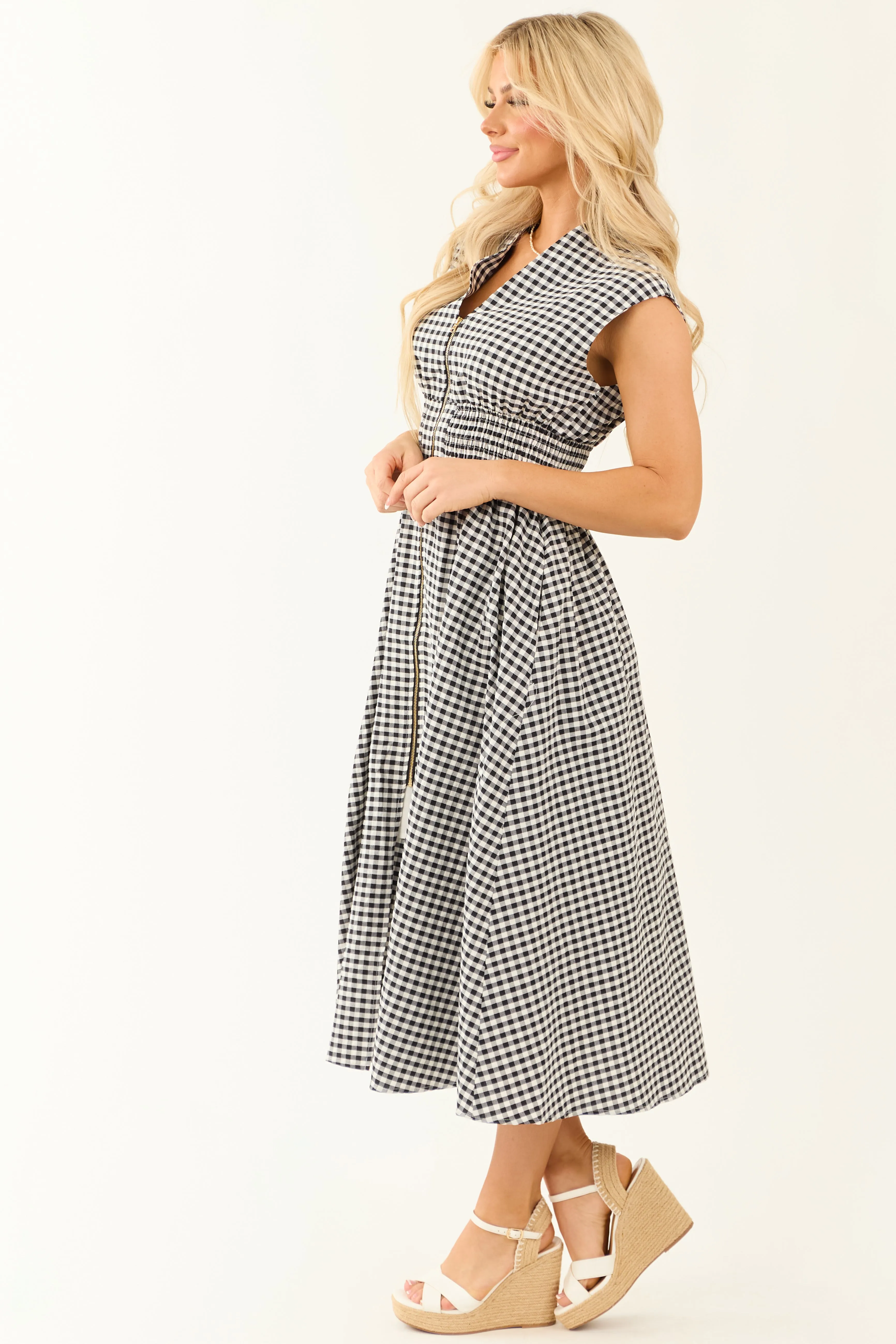 Black and White Gingham Zip Up Sleeveless Midi Dress sold by Lime Lush product image thumbnail 4