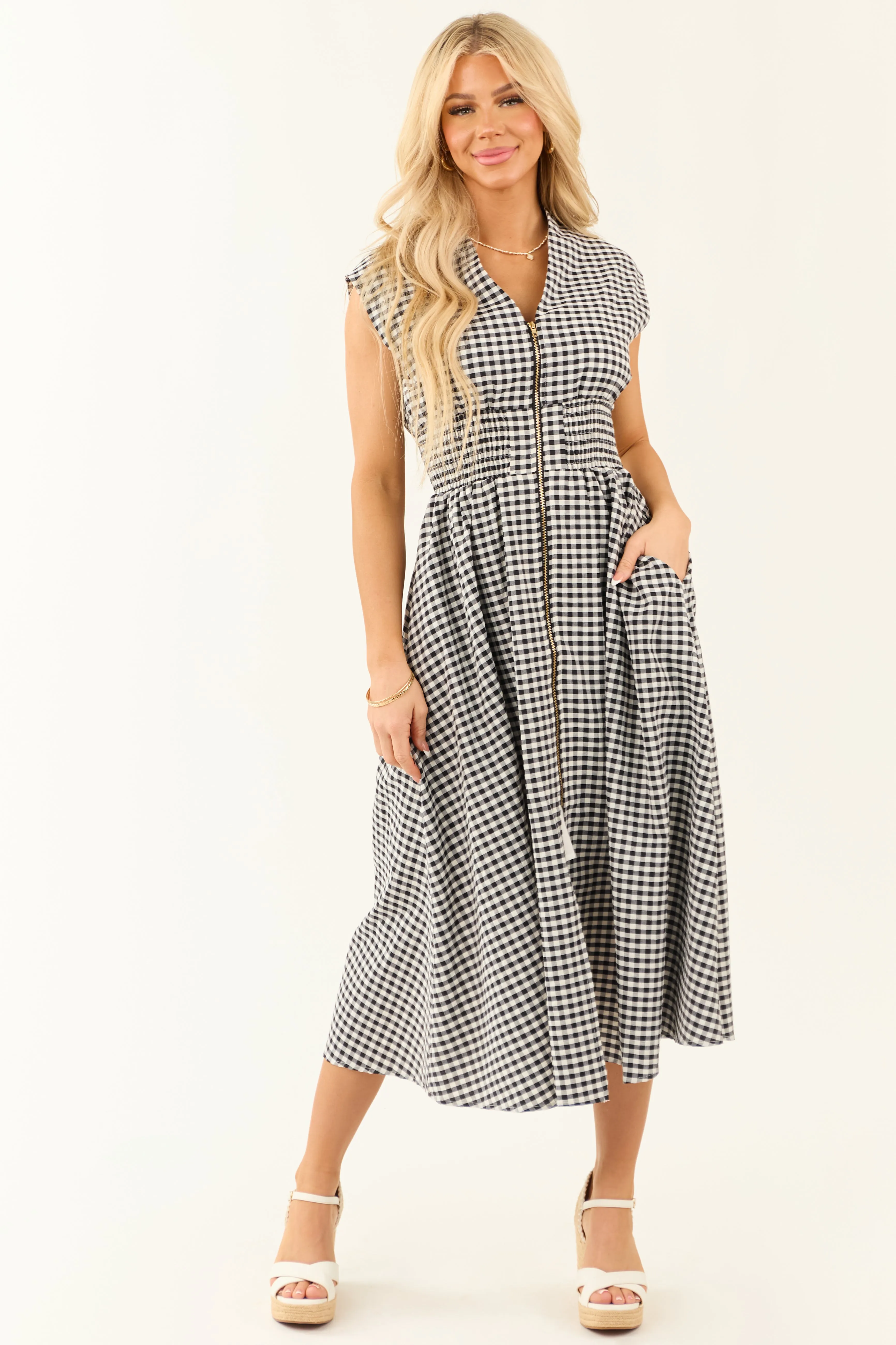 Black and White Gingham Zip Up Sleeveless Midi Dress sold by Lime Lush product image thumbnail 3