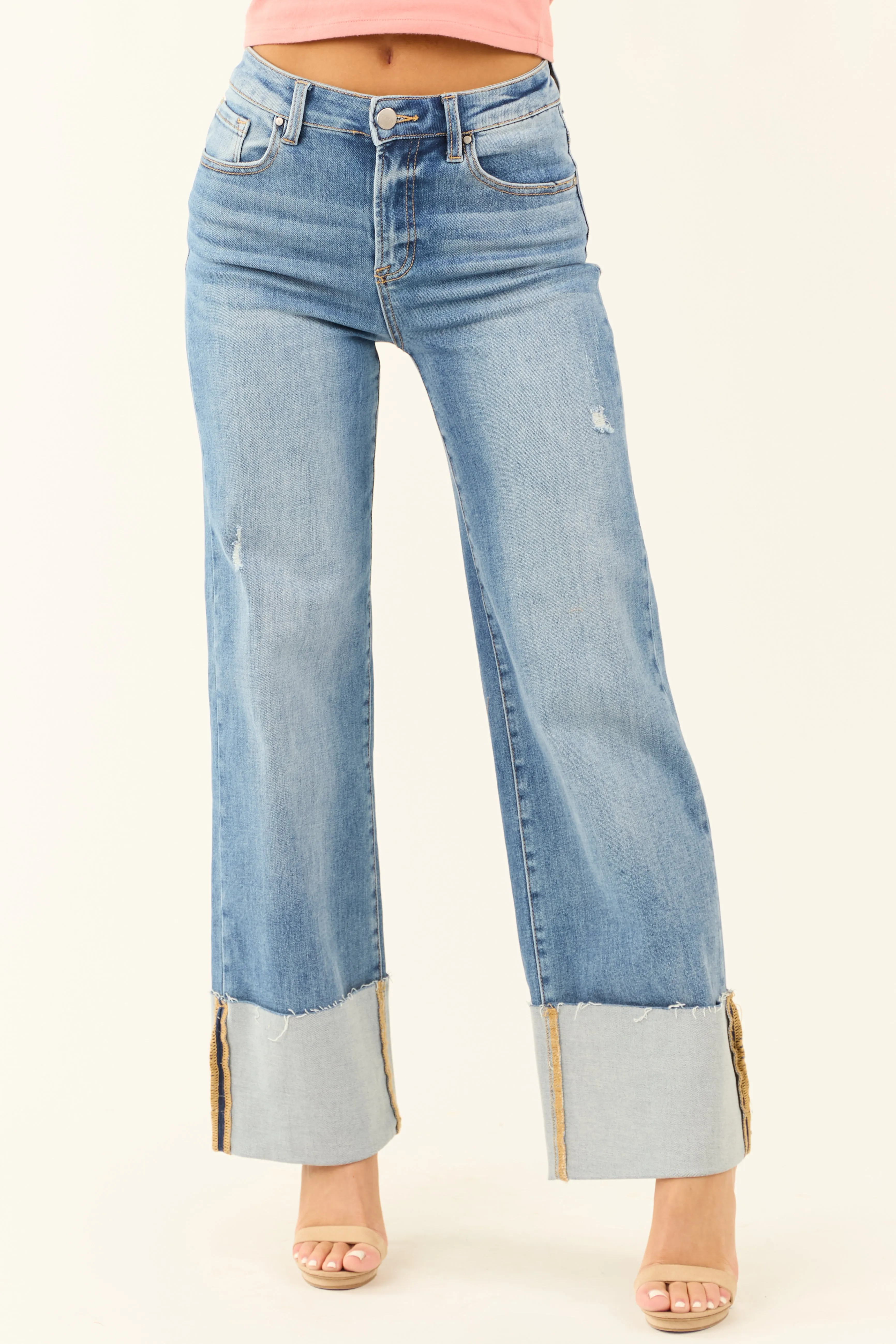 Risen Medium Wash Stretchy Cuffed Wide Jeans sold by Lime Lush
