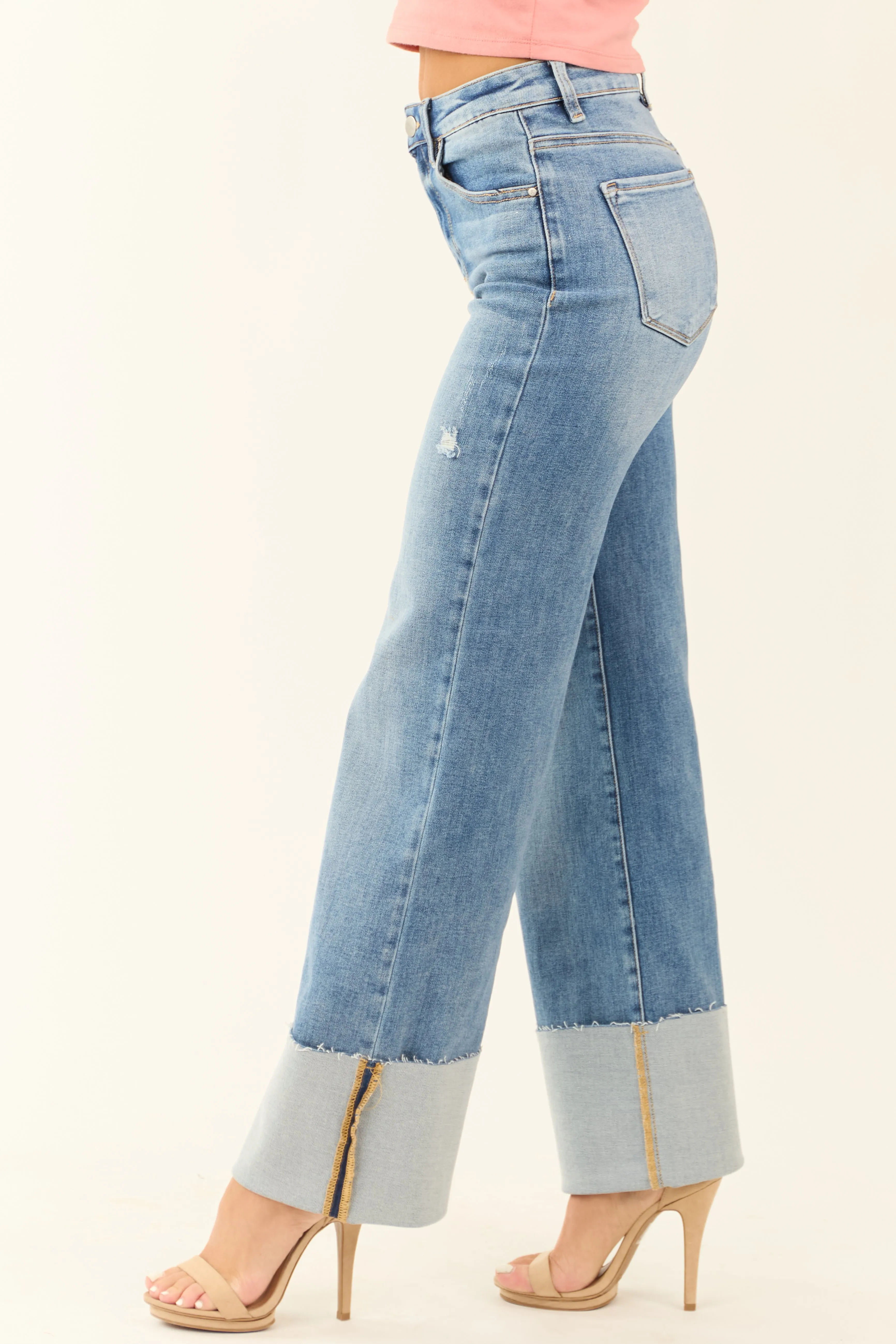 Risen Medium Wash Stretchy Cuffed Wide Jeans sold by Lime Lush product image thumbnail 3