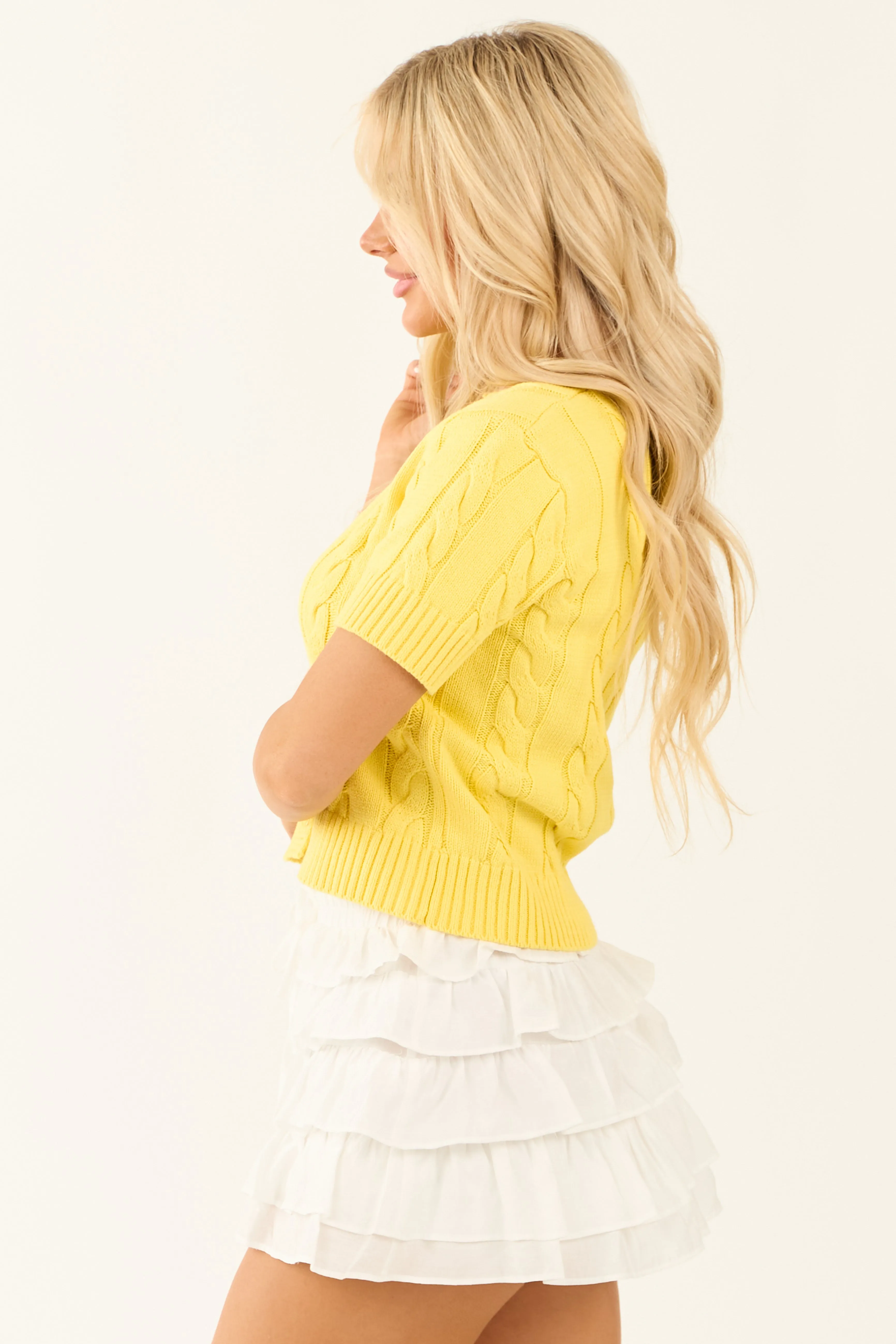 Canary Yellow Button Up Short Sleeve Cardigan sold by Lime Lush product image thumbnail 4