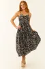 Black Abstract Leaf Print Ruched Midi Dress sold by Lime Lush