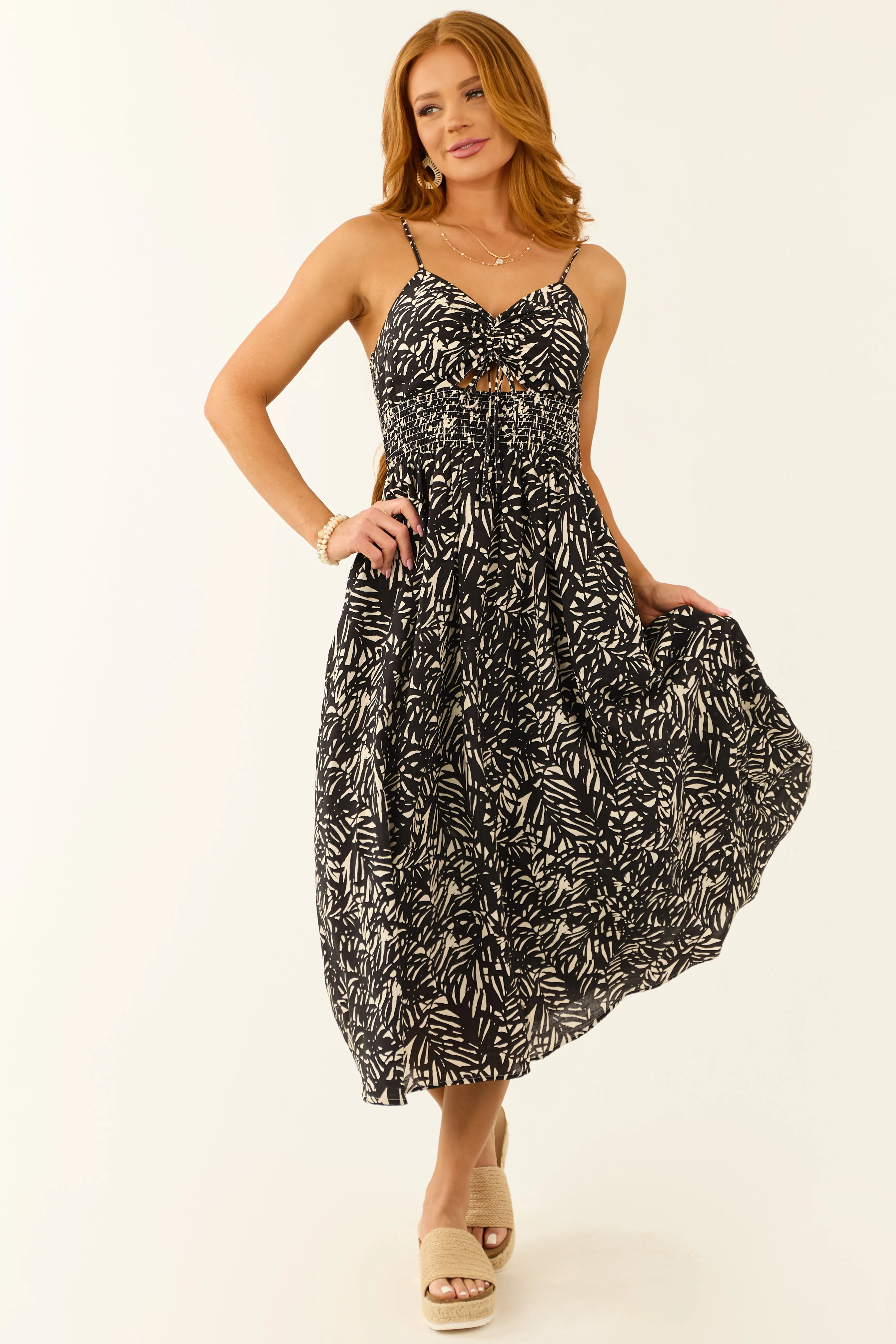 Black Abstract Leaf Print Ruched Midi Dress sold by Lime Lush product image thumbnail 2