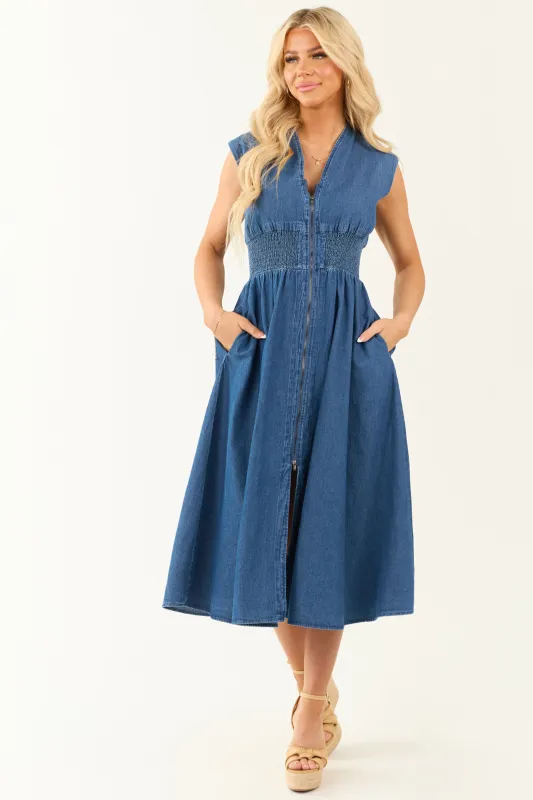 Dark Wash Denim Zip Up Cap Sleeve Midi Dress sold by Lime Lush