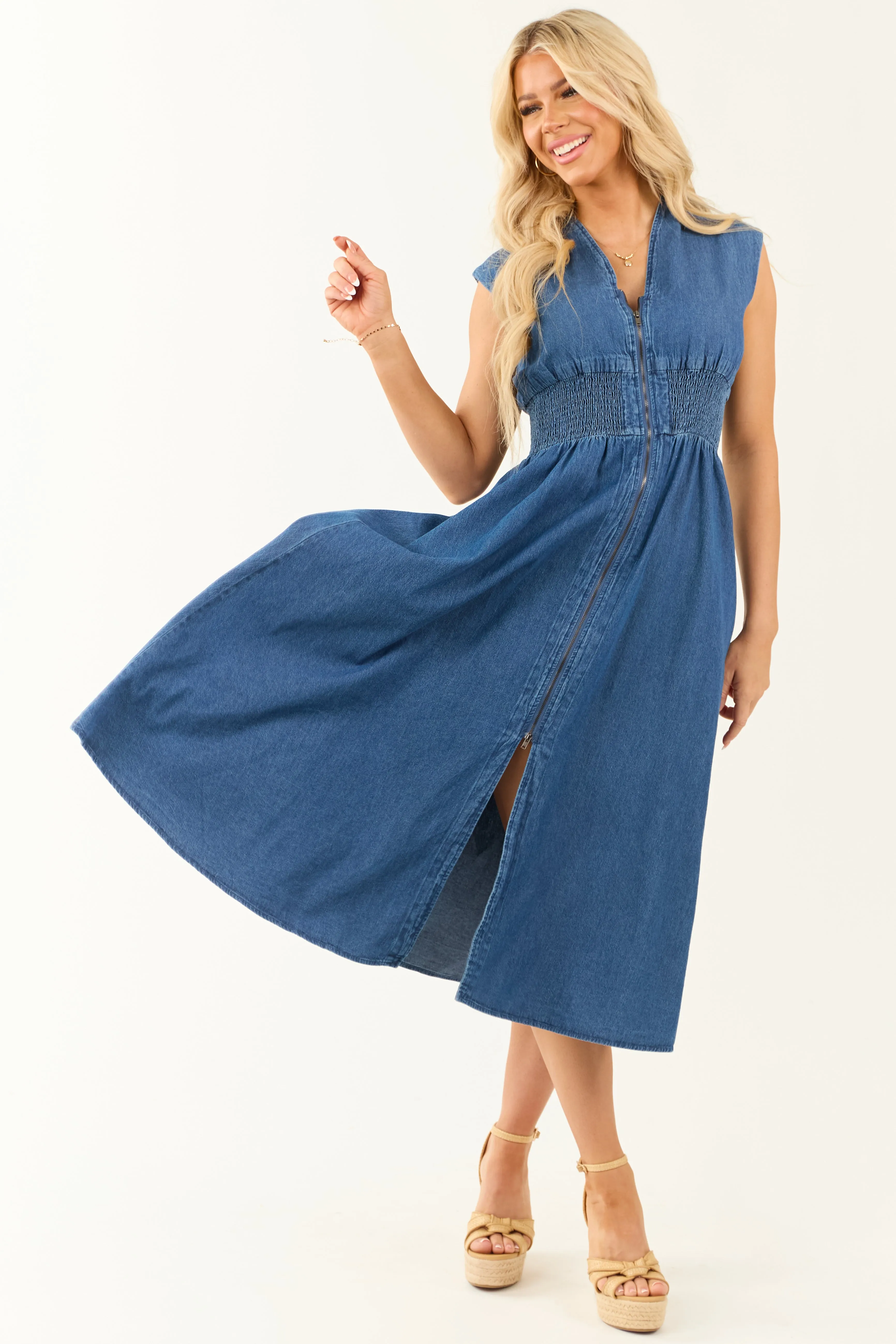 Dark Wash Denim Zip Up Cap Sleeve Midi Dress sold by Lime Lush product image thumbnail 2