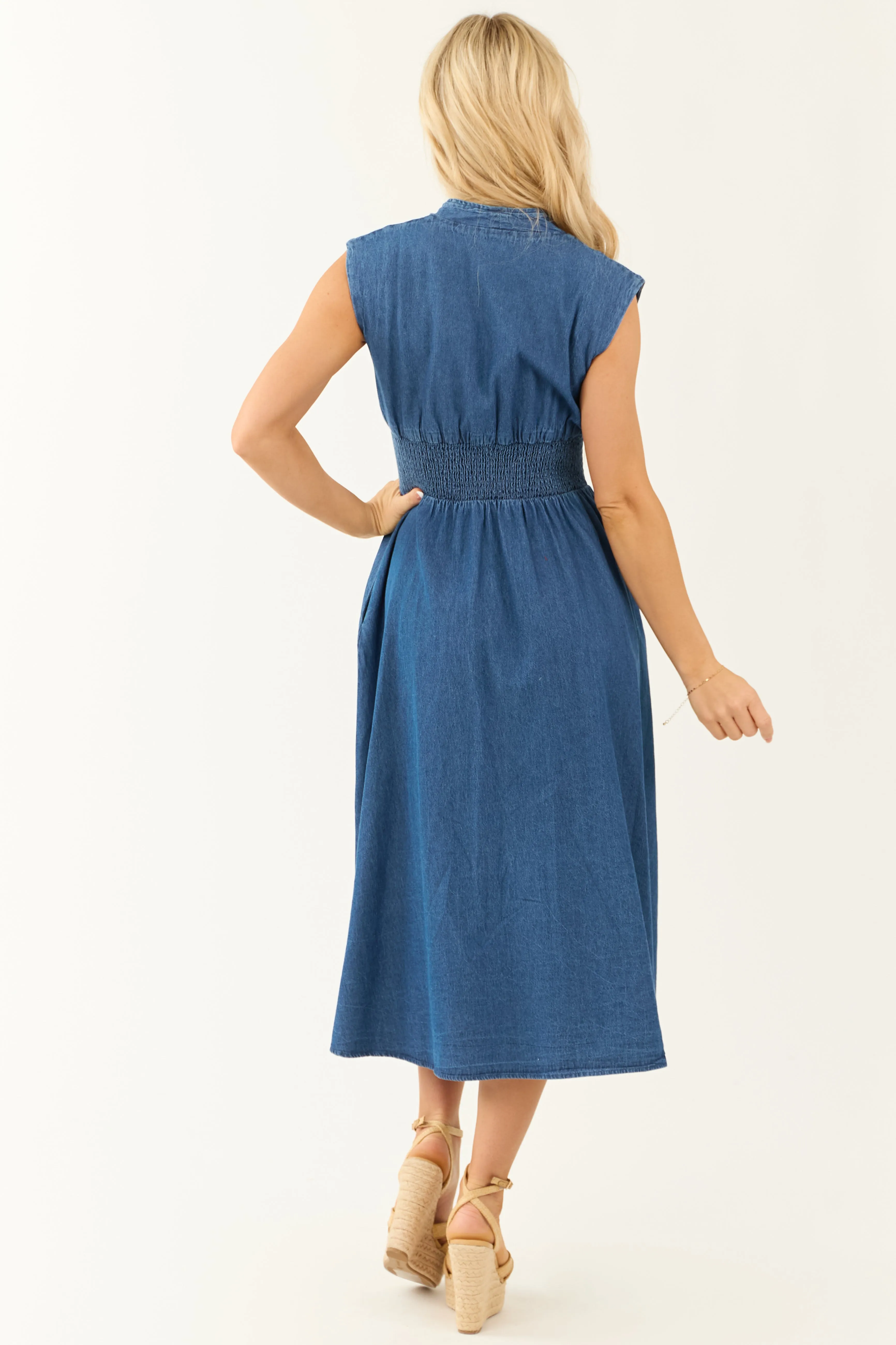 Dark Wash Denim Zip Up Cap Sleeve Midi Dress sold by Lime Lush product image thumbnail 5