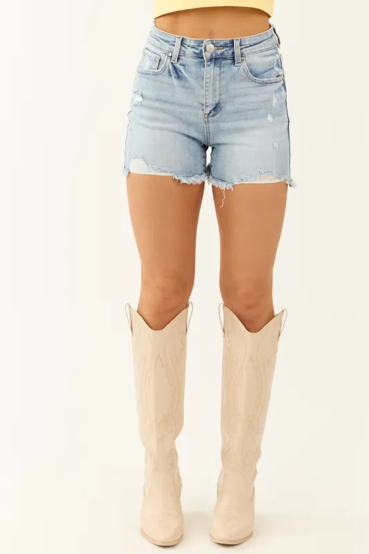 Risen Light Wash Stretchy Distressed Hem Shorts sold by Lime Lush