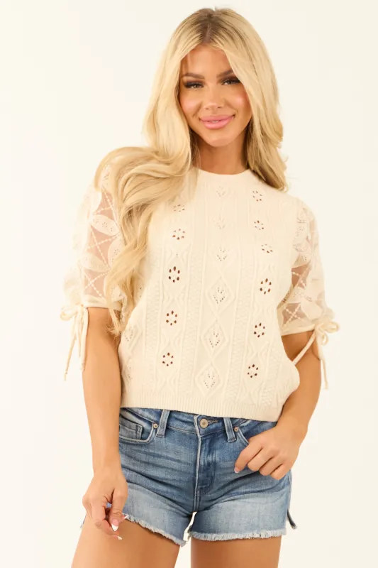 Cream Cable Knit Crochet Half Bubble Sleeve Top sold by Lime Lush
