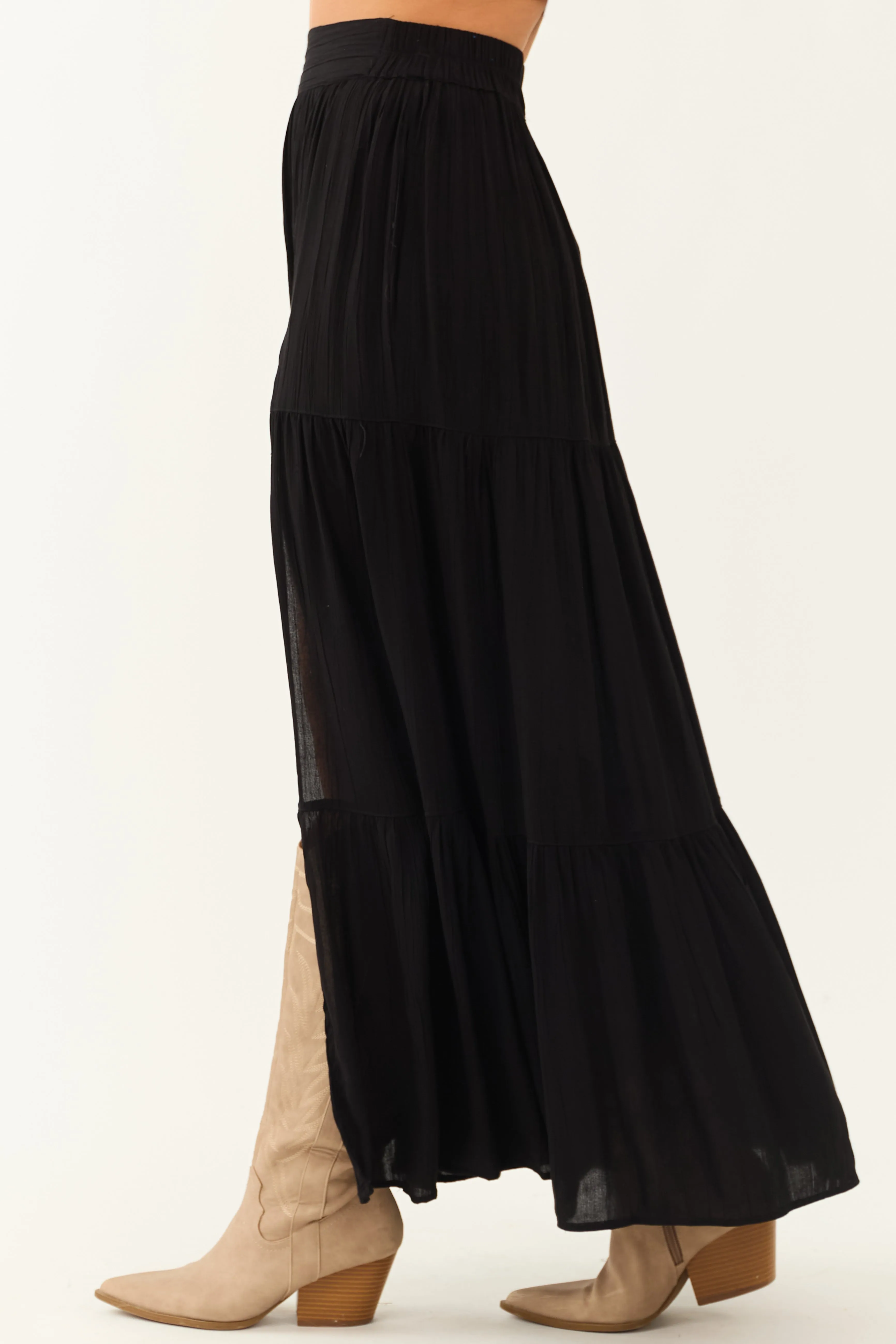 Black Smocked Waist Side Slit Tiered Maxi Skirt sold by Lime Lush product image thumbnail 3