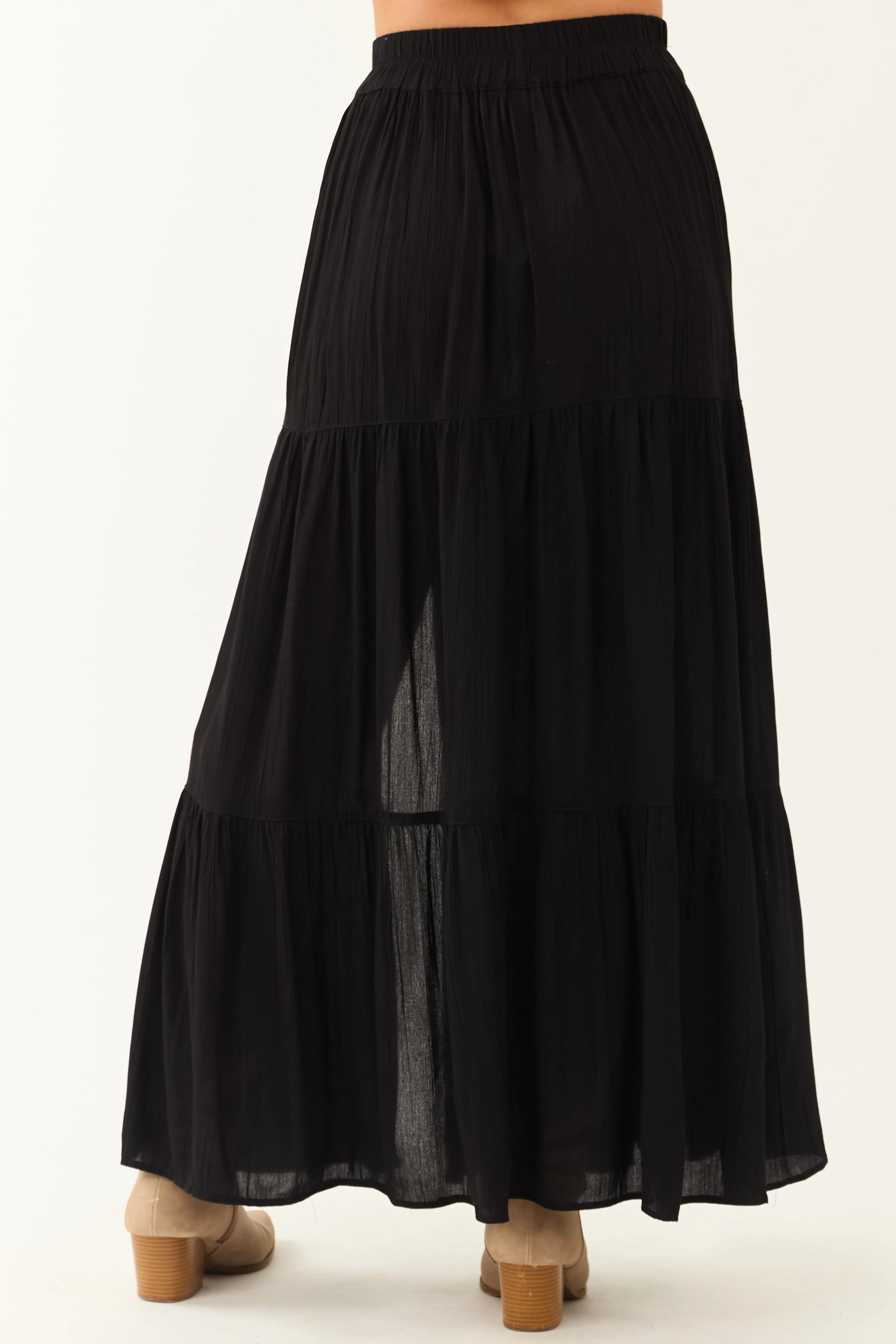 Black Smocked Waist Side Slit Tiered Maxi Skirt sold by Lime Lush product image thumbnail 4