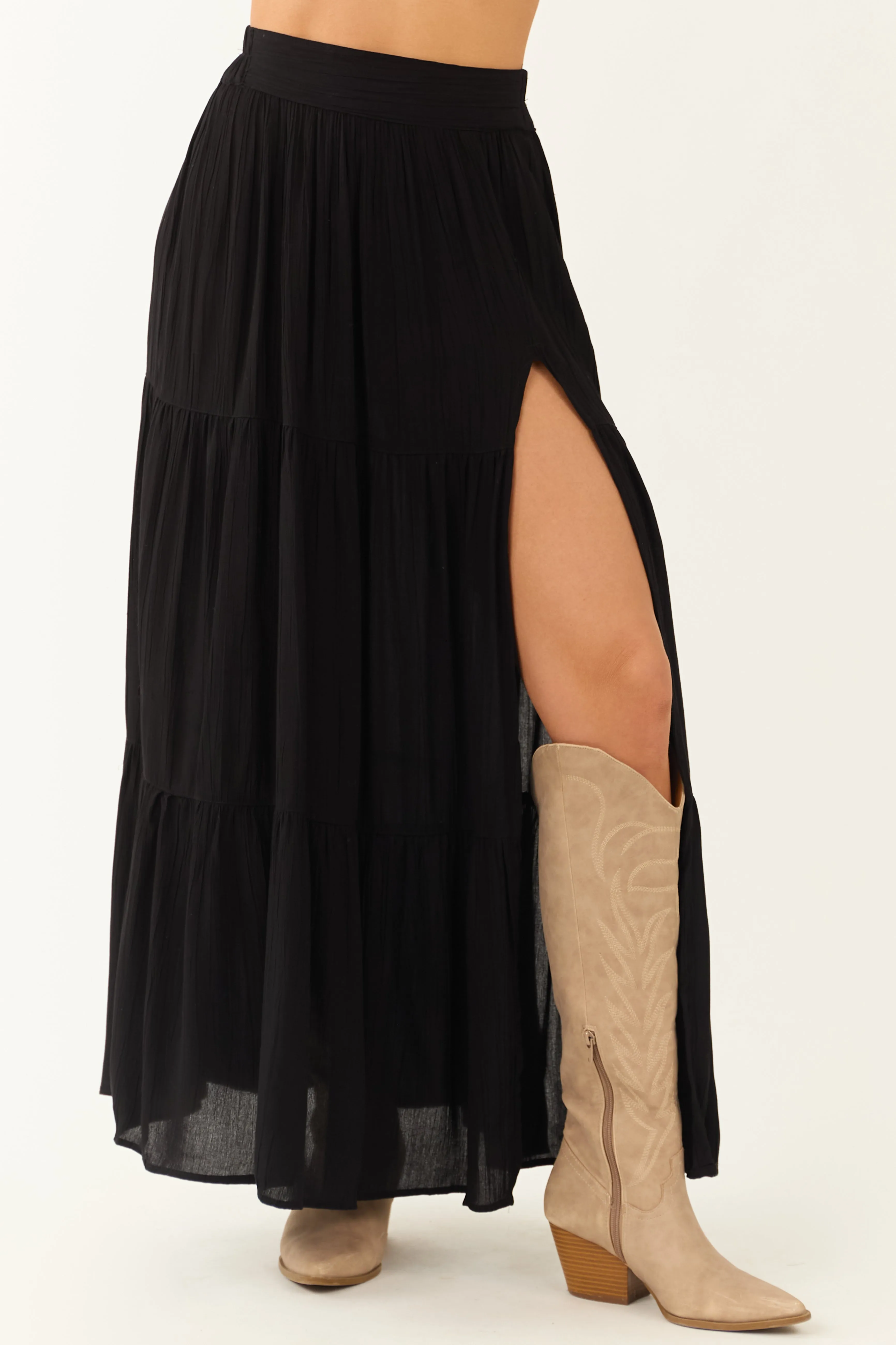 Black Smocked Waist Side Slit Tiered Maxi Skirt sold by Lime Lush product image thumbnail 2