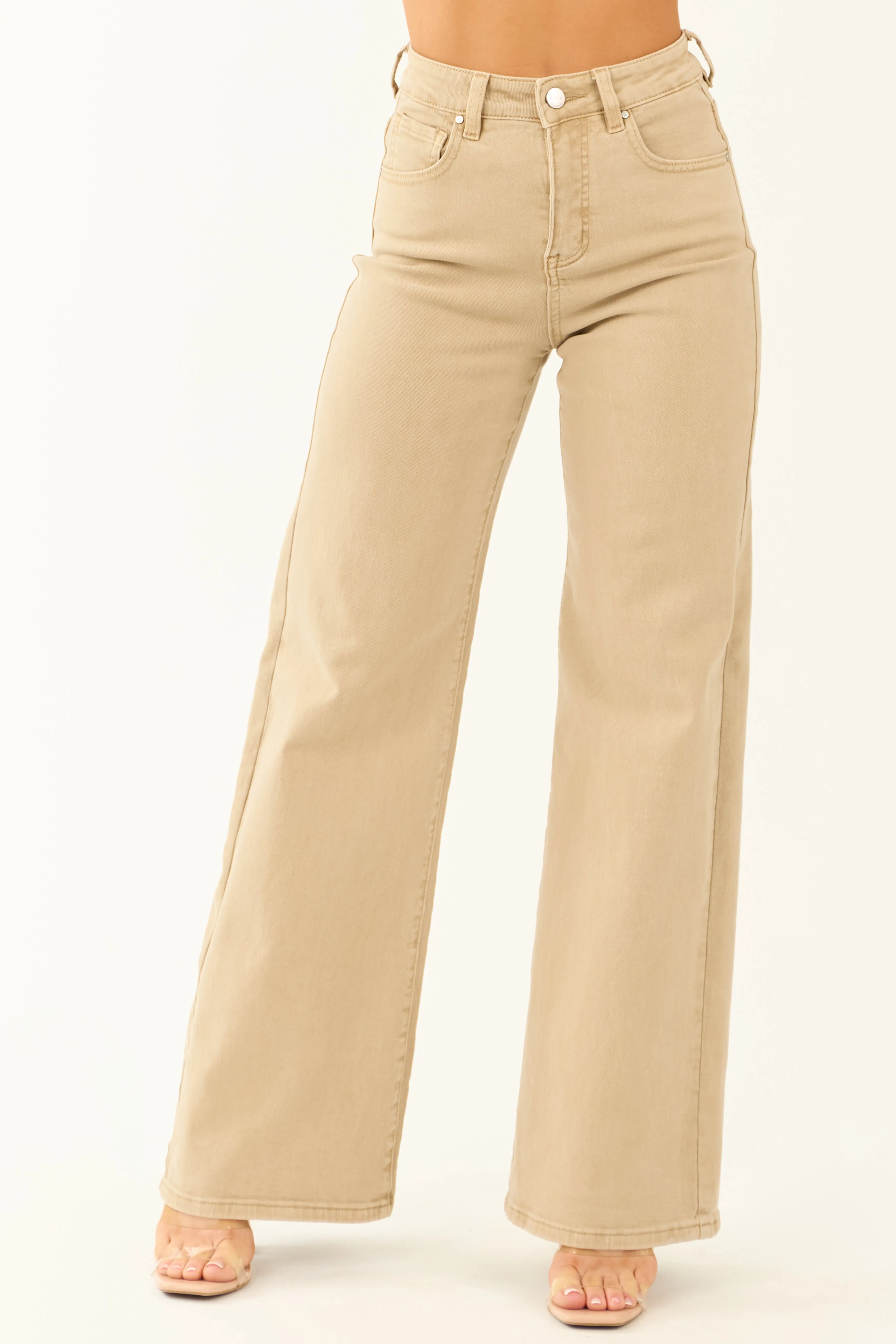 Risen Beige Tummy Control Wide Leg Stretchy Jeans sold by Lime Lush
