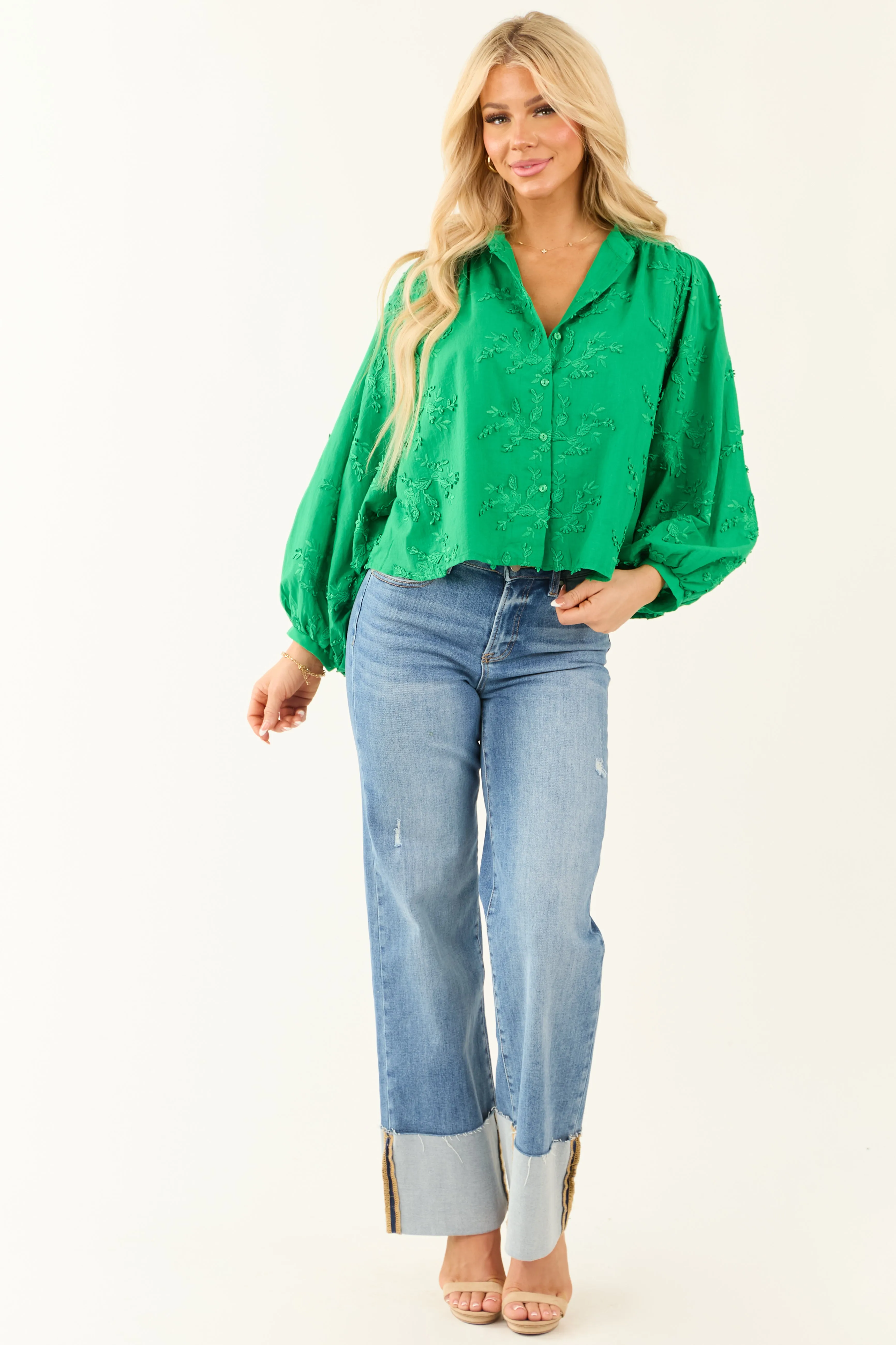 Jade Floral Embroidery Button Down Long Sleeve Top sold by Lime Lush product image thumbnail 2