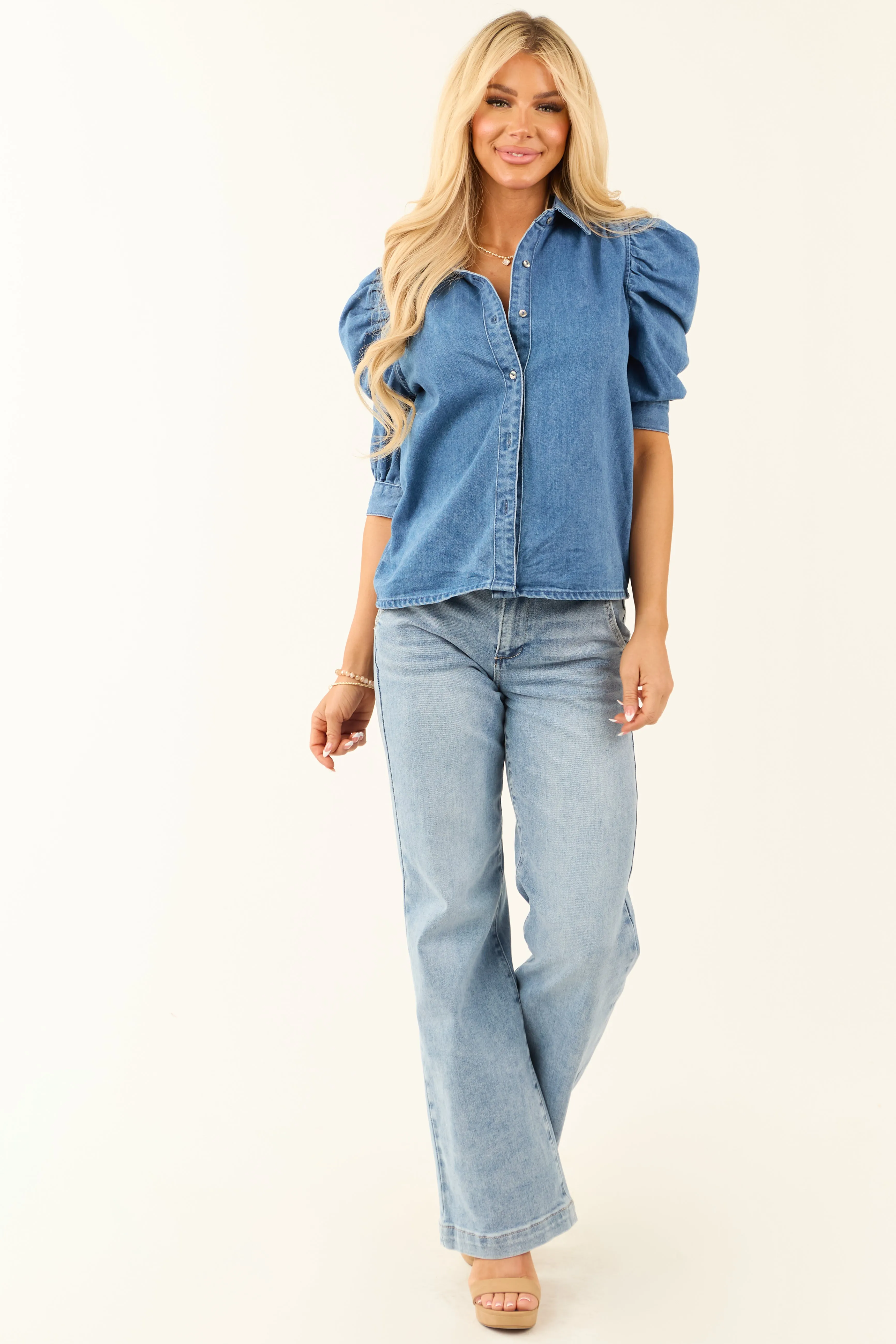 Medium Wash Half Puff Sleeve Button Down Denim Top sold by Lime Lush product image thumbnail 2