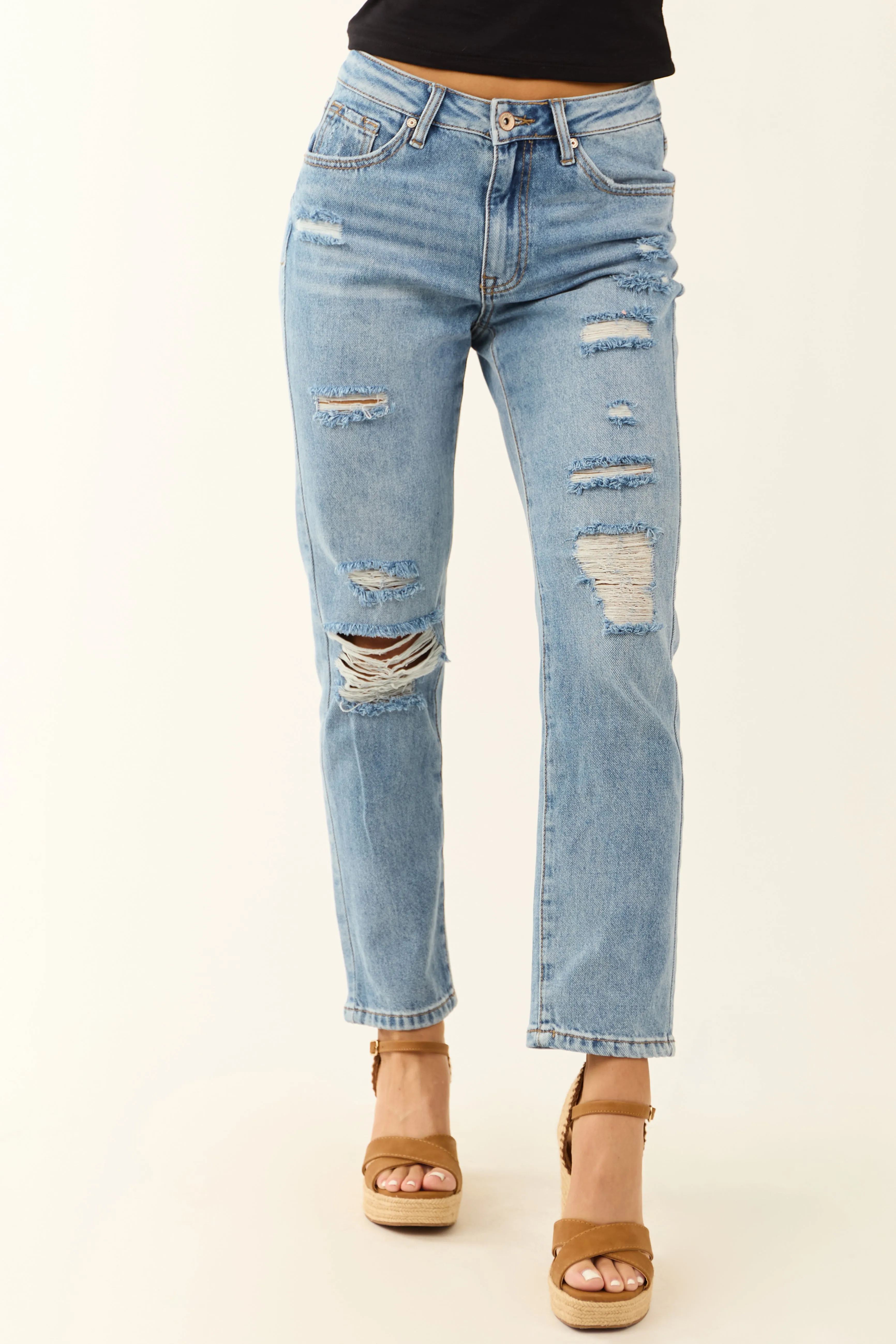 Special A Distressed Medium Wash Straight Jeans sold by Lime Lush