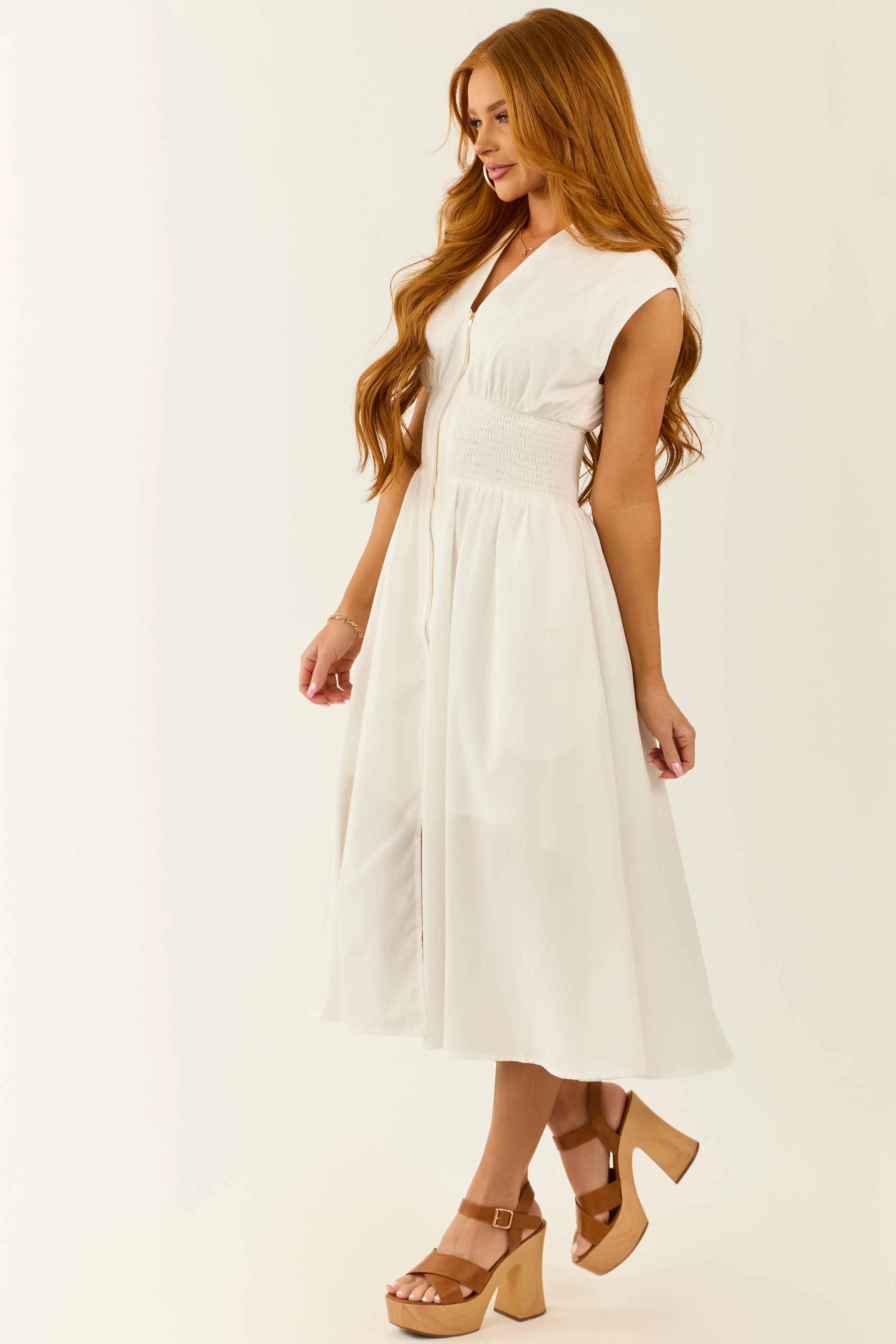 Ivory Sleeveless V Neck Zipper Front Midi Dress sold by Lime Lush product image thumbnail 4