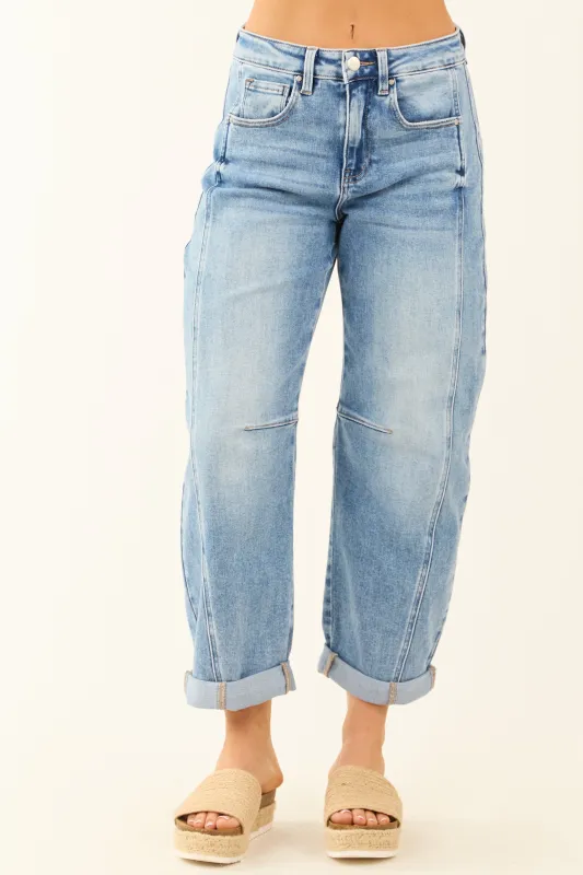 Risen Stretchy Medium Wash Cuffed Barrel Jeans sold by Lime Lush