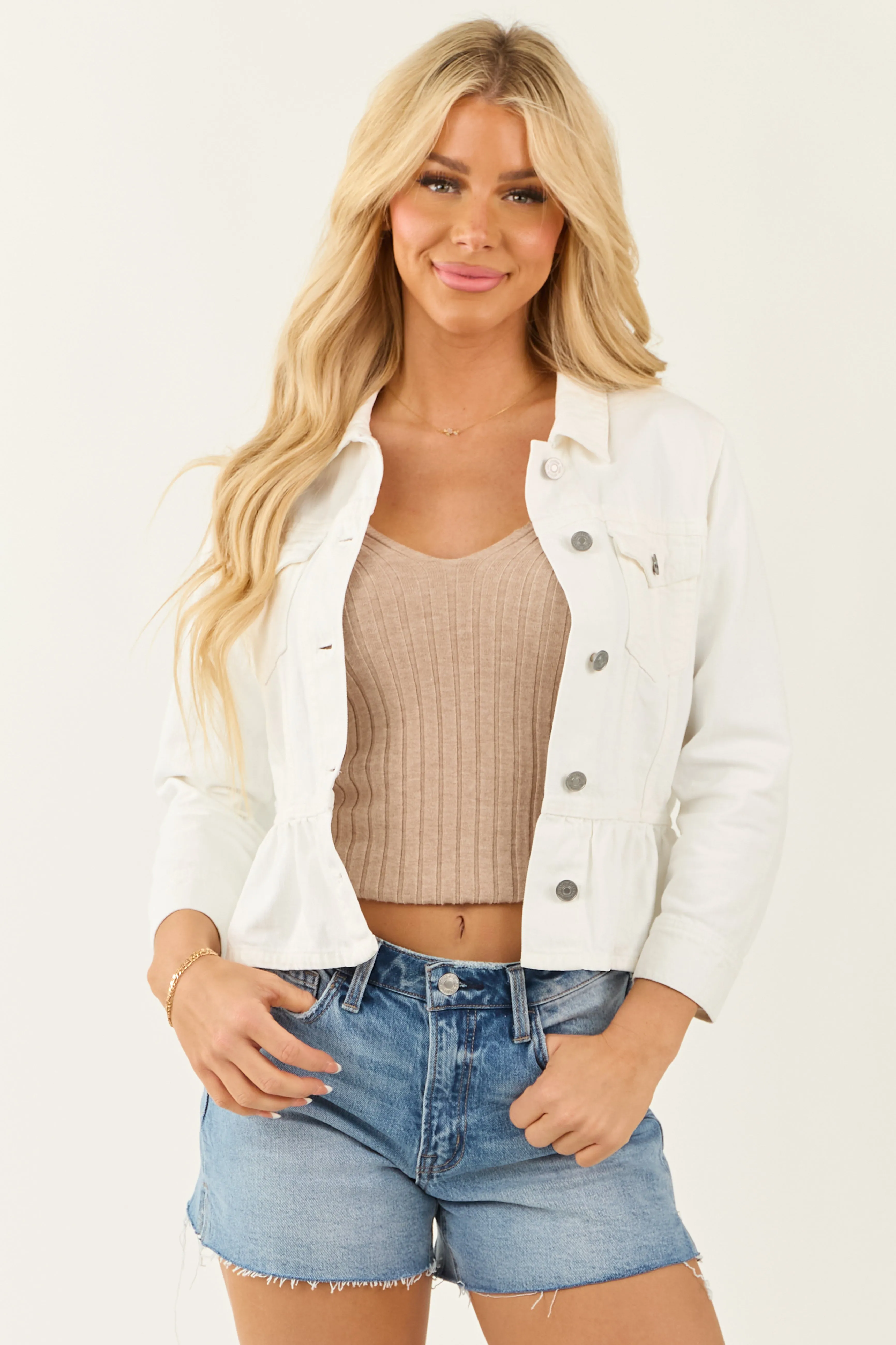KanCan White Denim Peplum Jacket sold by Lime Lush