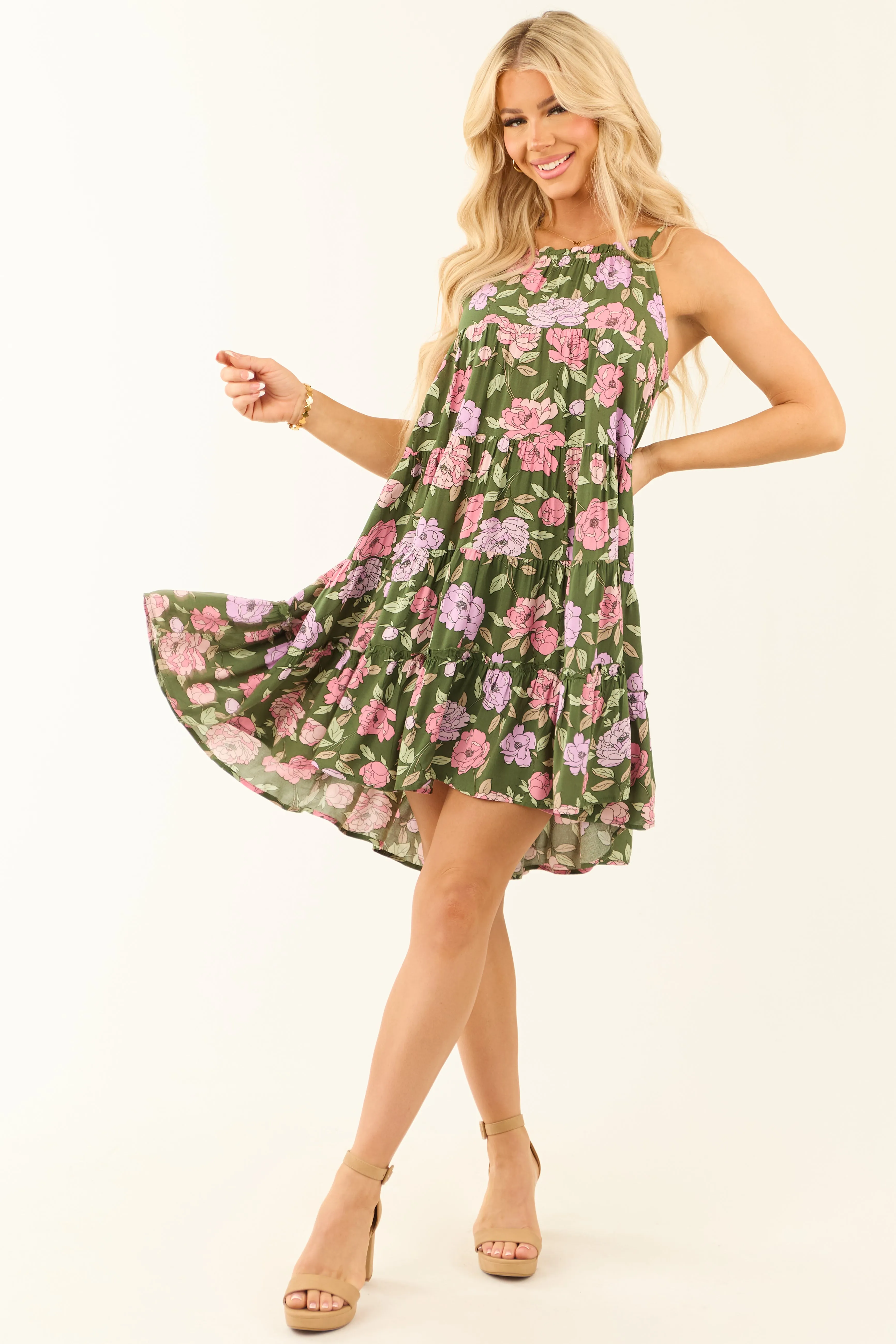 Hunter Green Floral Print Halter Short Dress sold by Lime Lush product image thumbnail 2