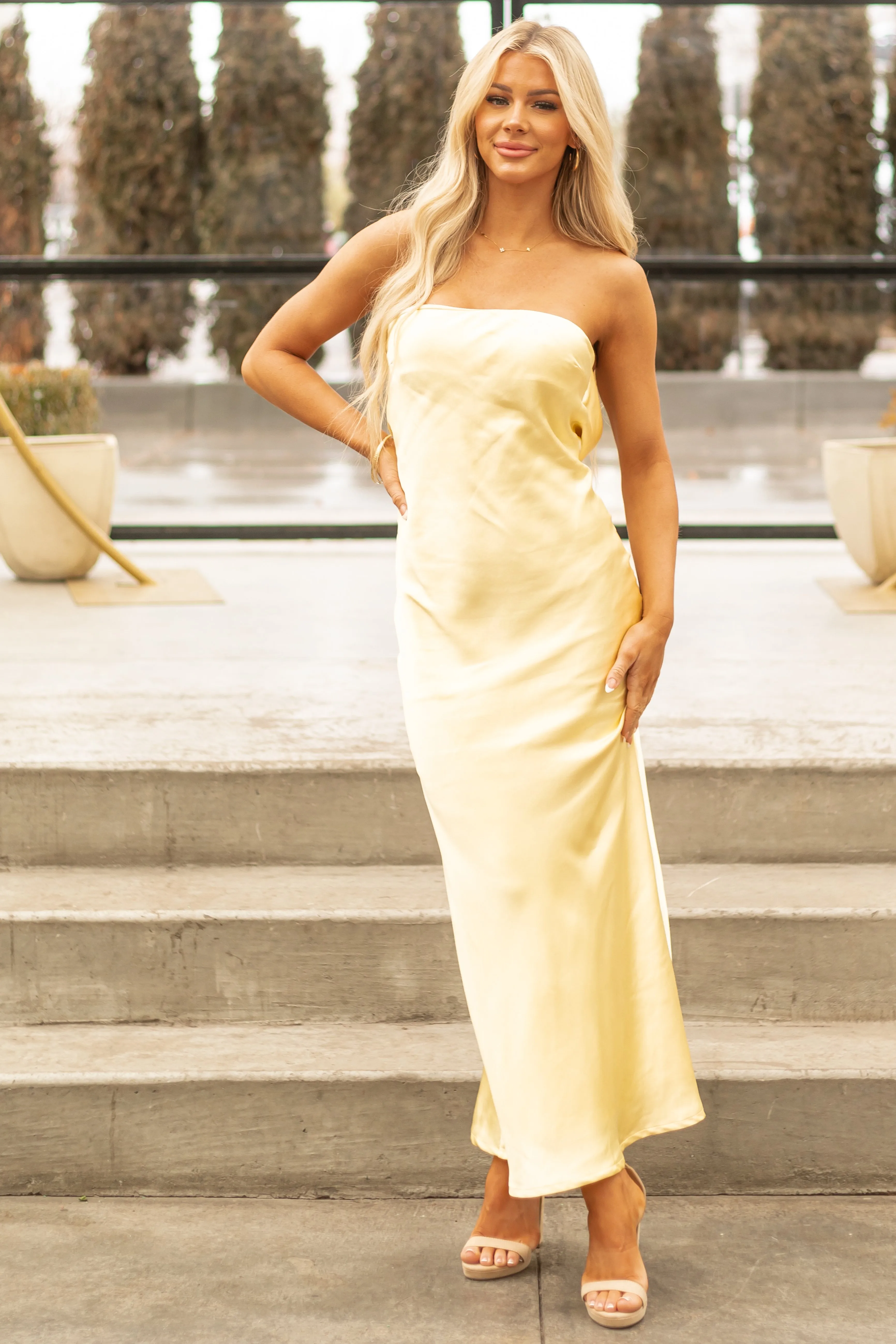 Pastel Yellow Satin Slip Strapless Maxi Dress sold by Lime Lush
