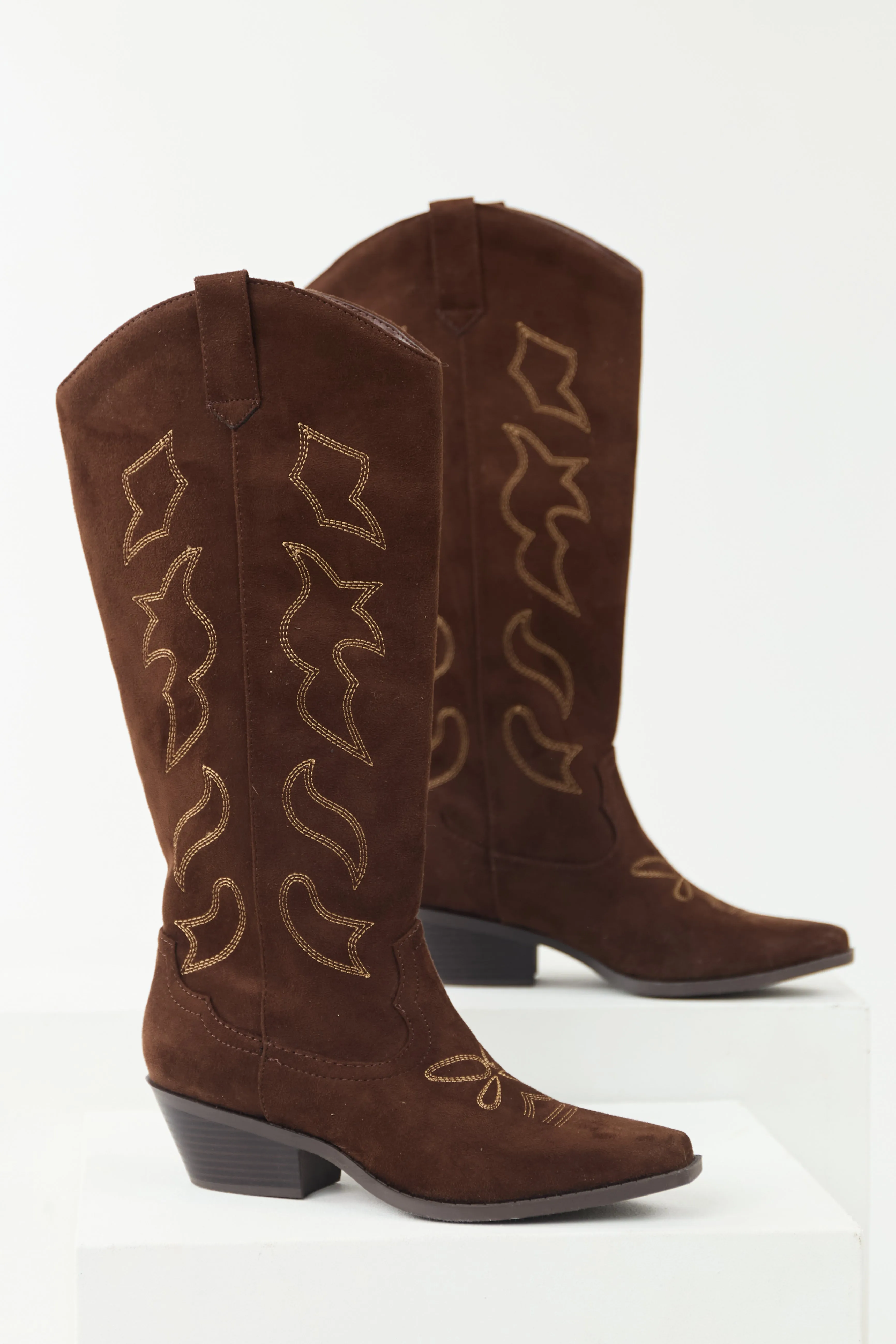 Cocoa Faux Suede Western Embroidered Boots sold by Lime Lush