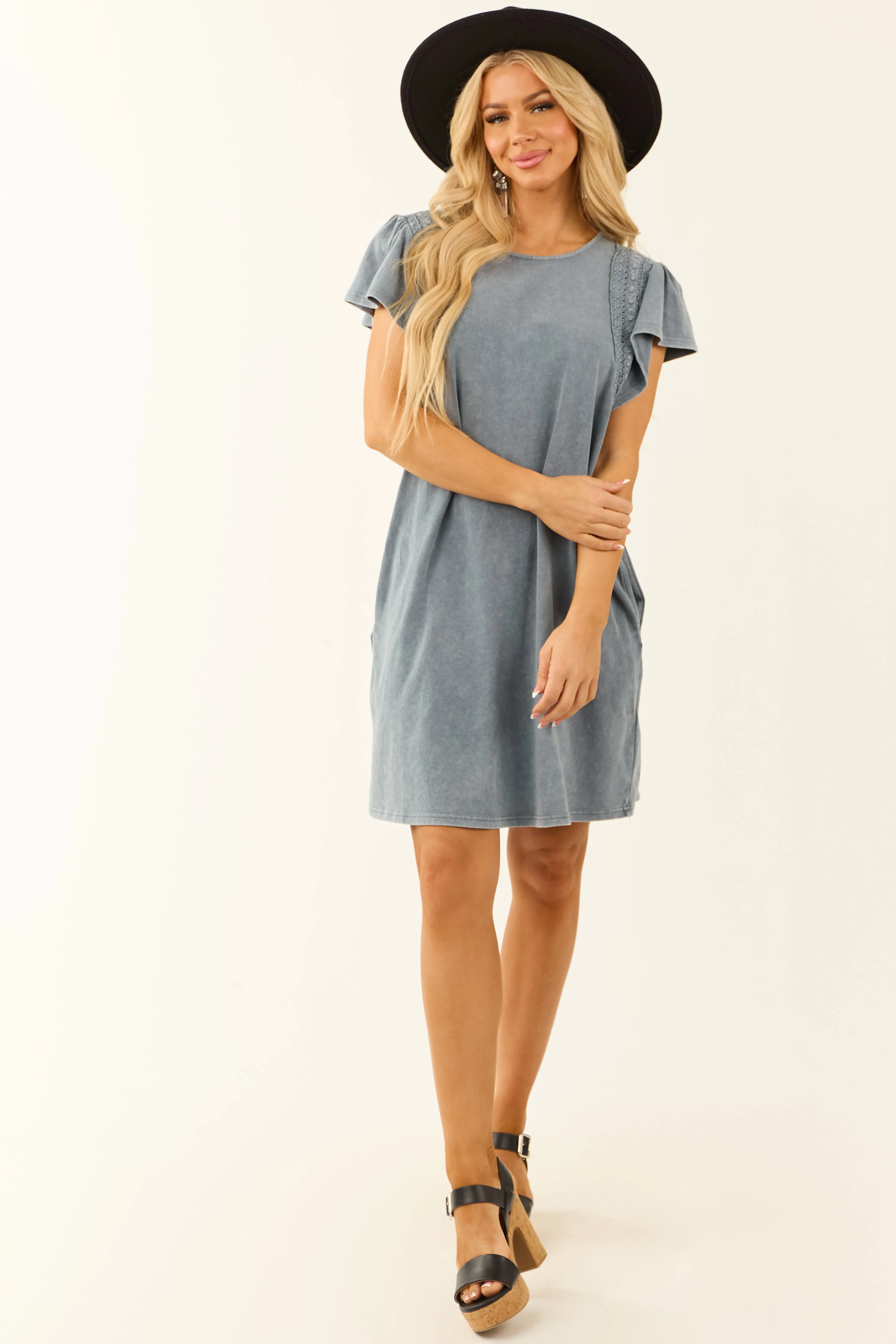 Slate Blue Washed Lace Detail Ruffle Mini Dress sold by Lime Lush product image thumbnail 3