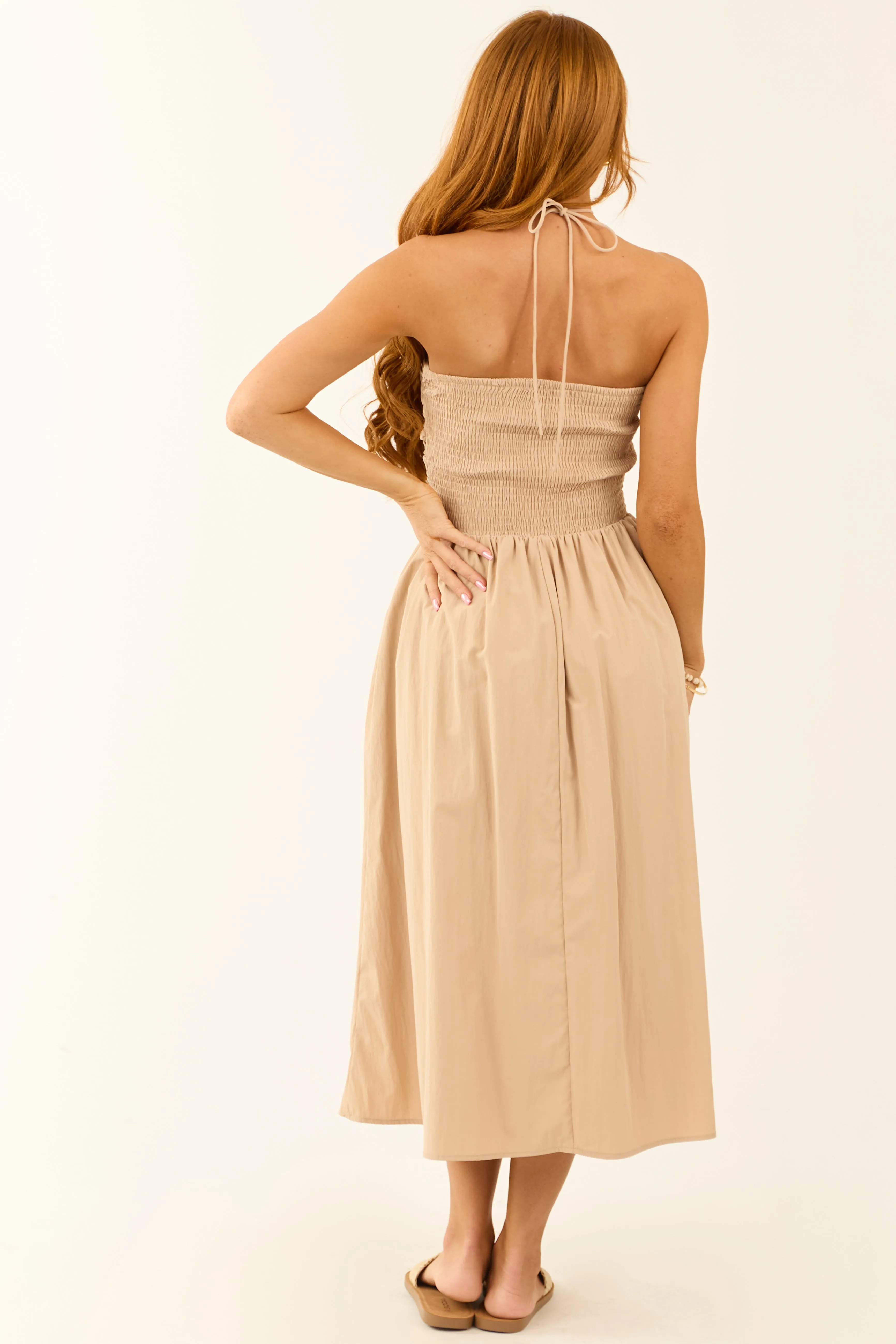 Nude Halter Neck Smocked Back Midi Dress sold by Lime Lush product image thumbnail 5