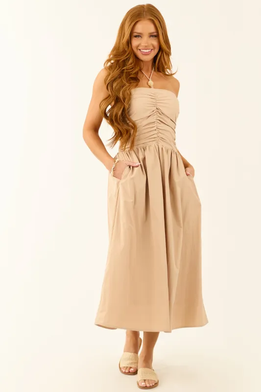 Nude Halter Neck Smocked Back Midi Dress sold by Lime Lush