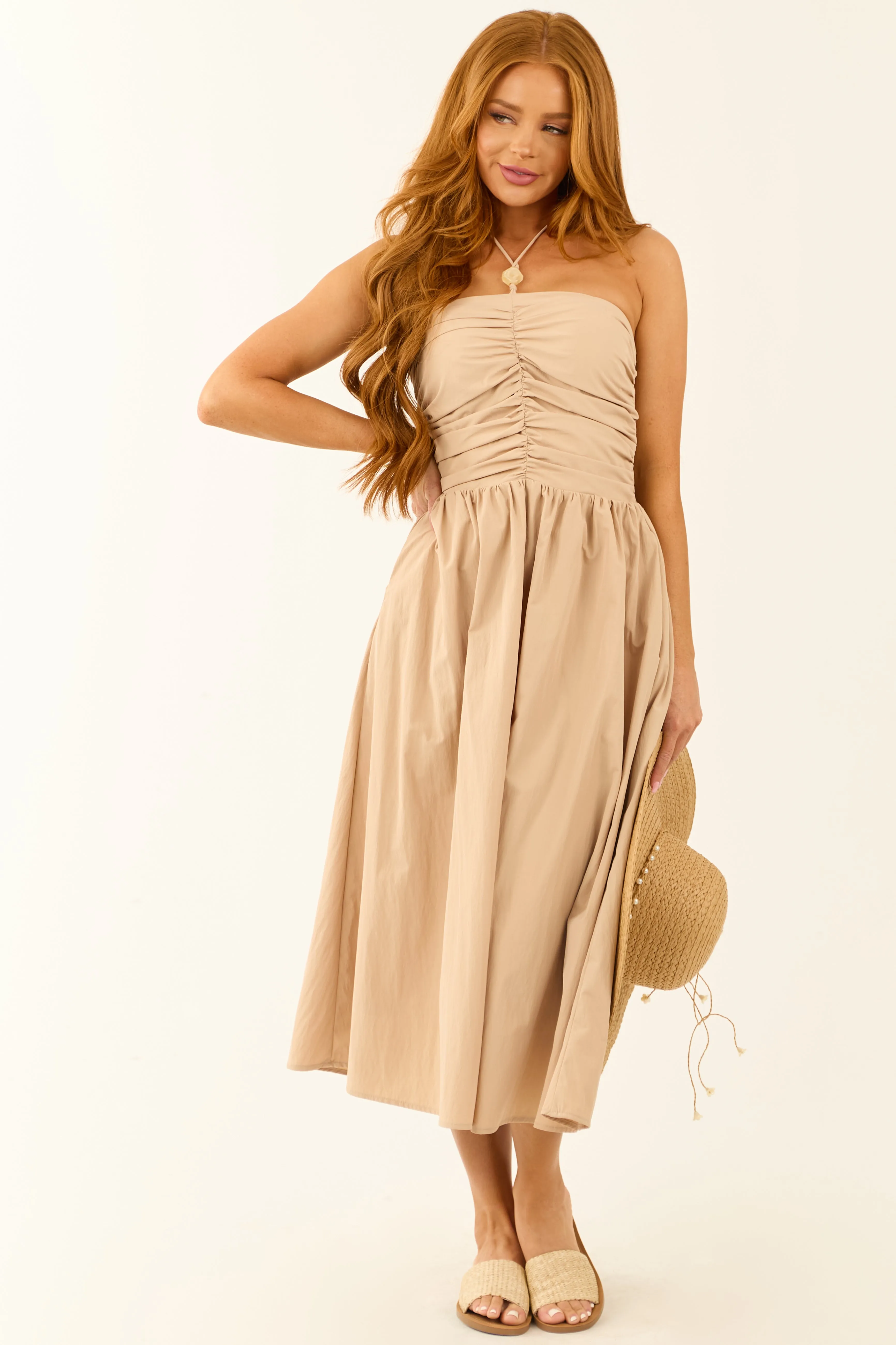 Nude Halter Neck Smocked Back Midi Dress sold by Lime Lush product image thumbnail 3