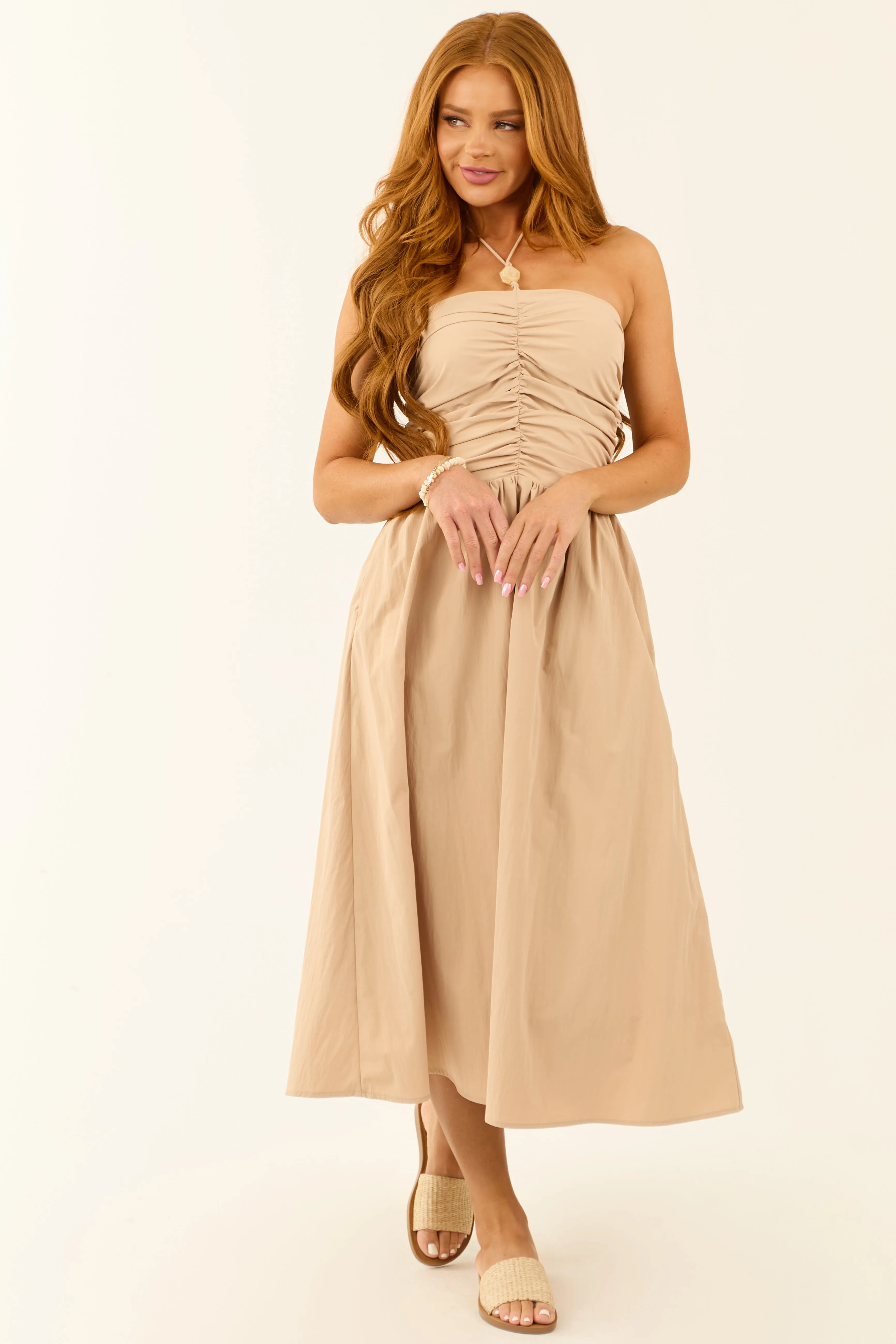 Nude Halter Neck Smocked Back Midi Dress sold by Lime Lush product image thumbnail 2