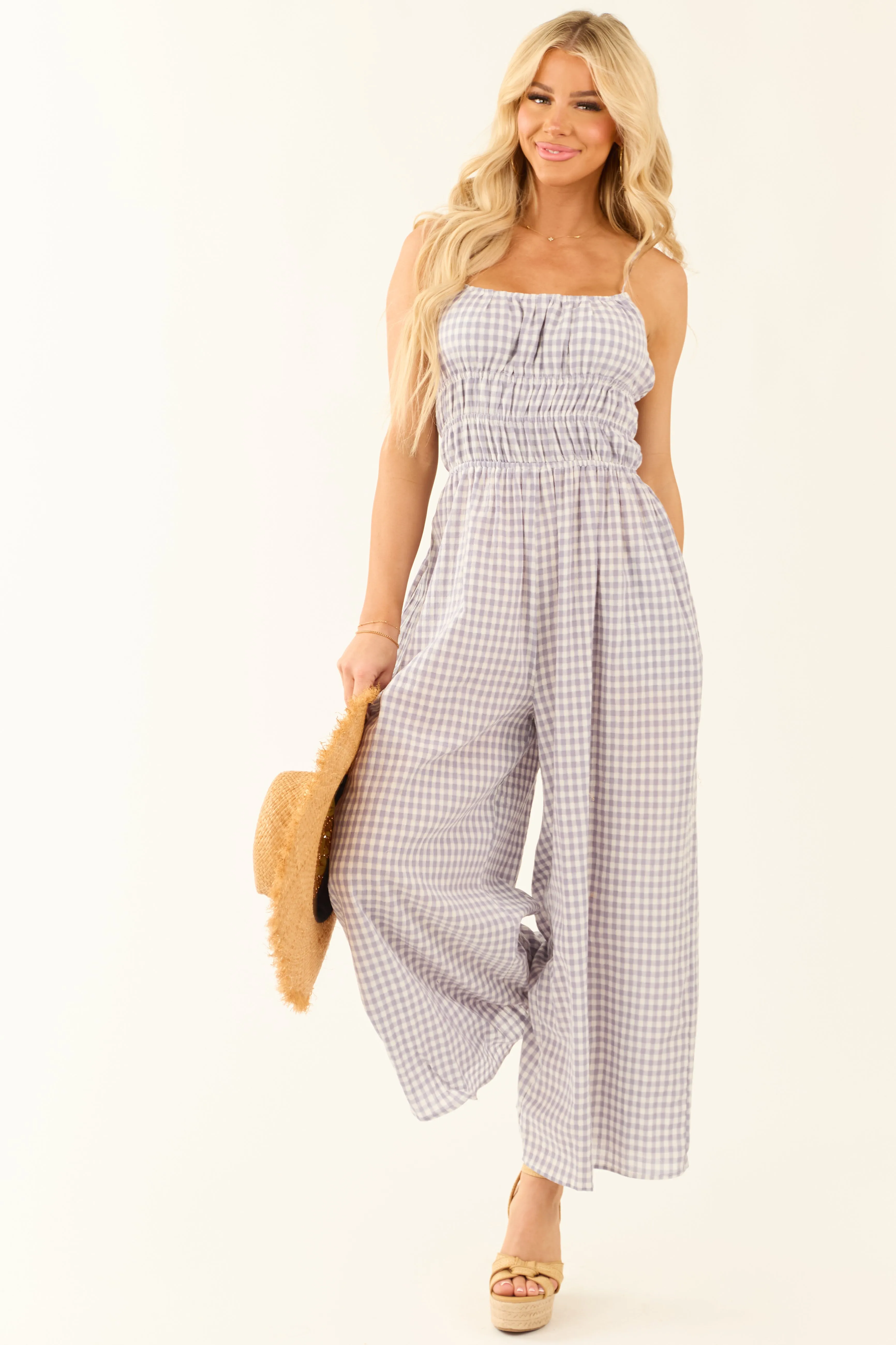 Slate Blue Gingham Ribbon Tie Sleeveless Jumpsuit sold by Lime Lush product image thumbnail 2