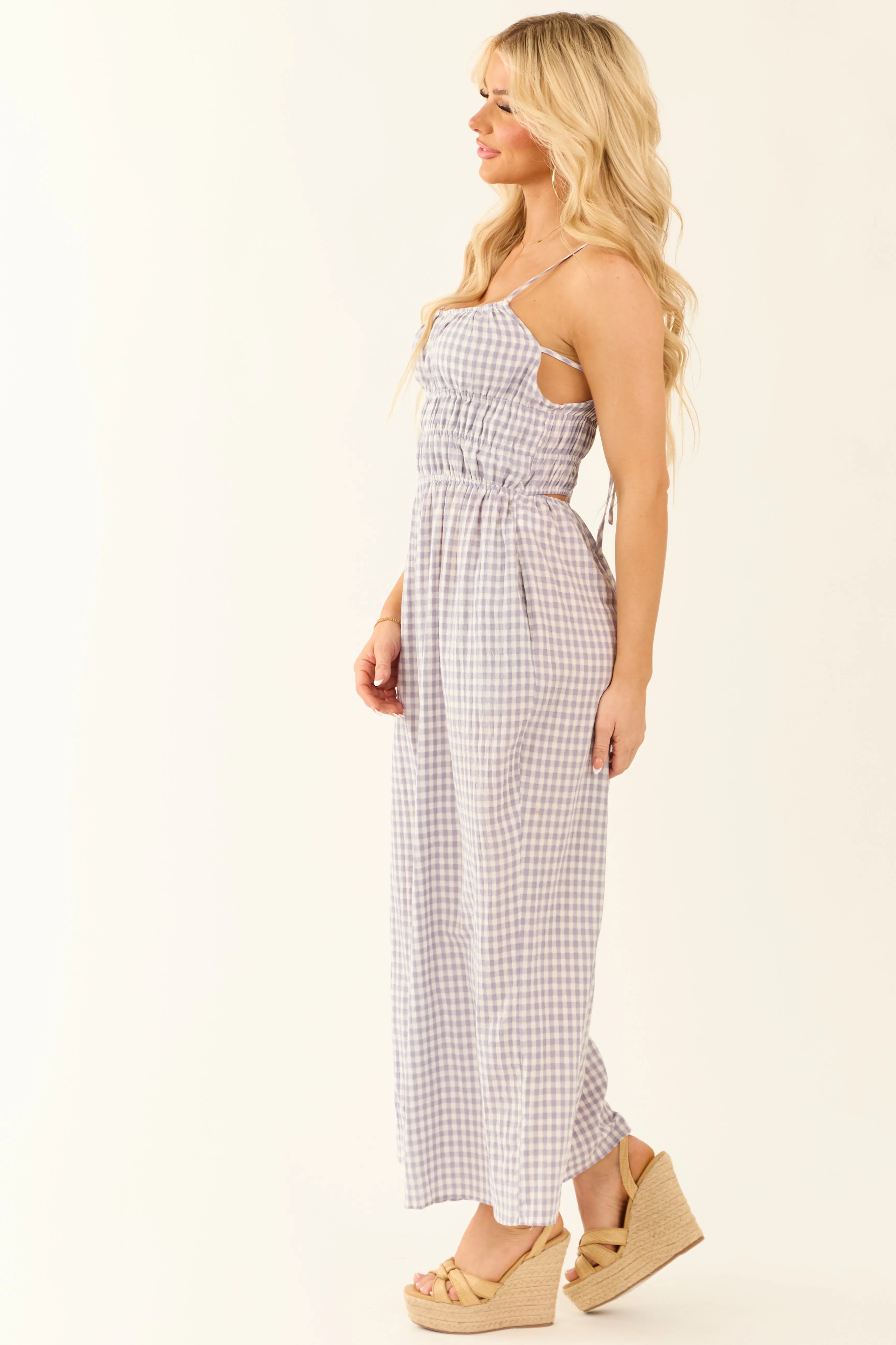 Slate Blue Gingham Ribbon Tie Sleeveless Jumpsuit sold by Lime Lush product image thumbnail 4