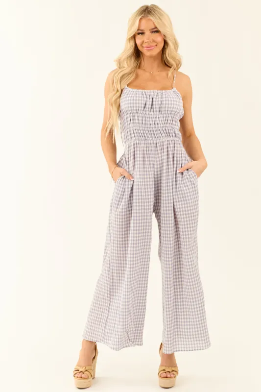 Slate Blue Gingham Ribbon Tie Sleeveless Jumpsuit sold by Lime Lush