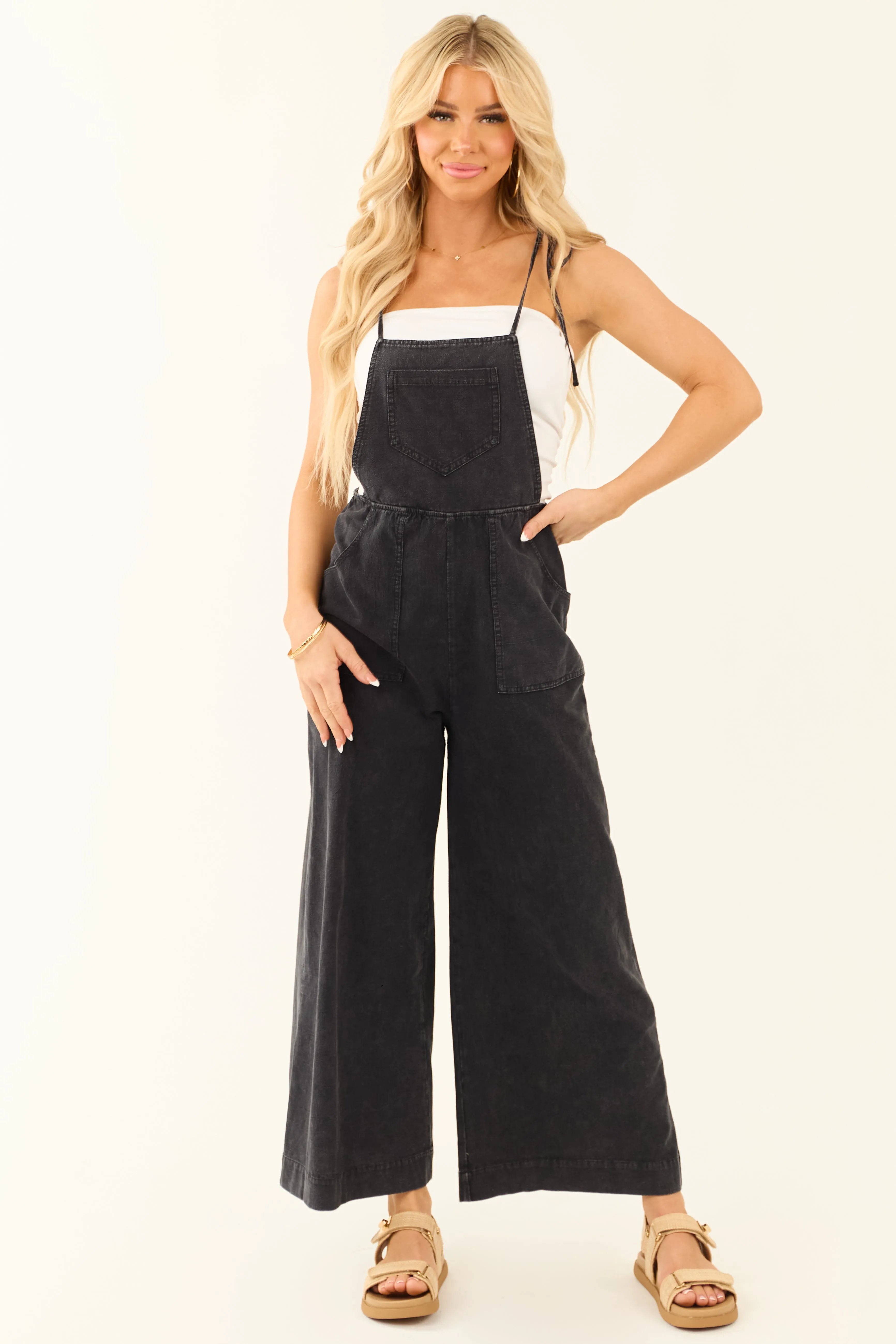 Black Washed Chambray Denim Overalls Jumpsuit sold by Lime Lush